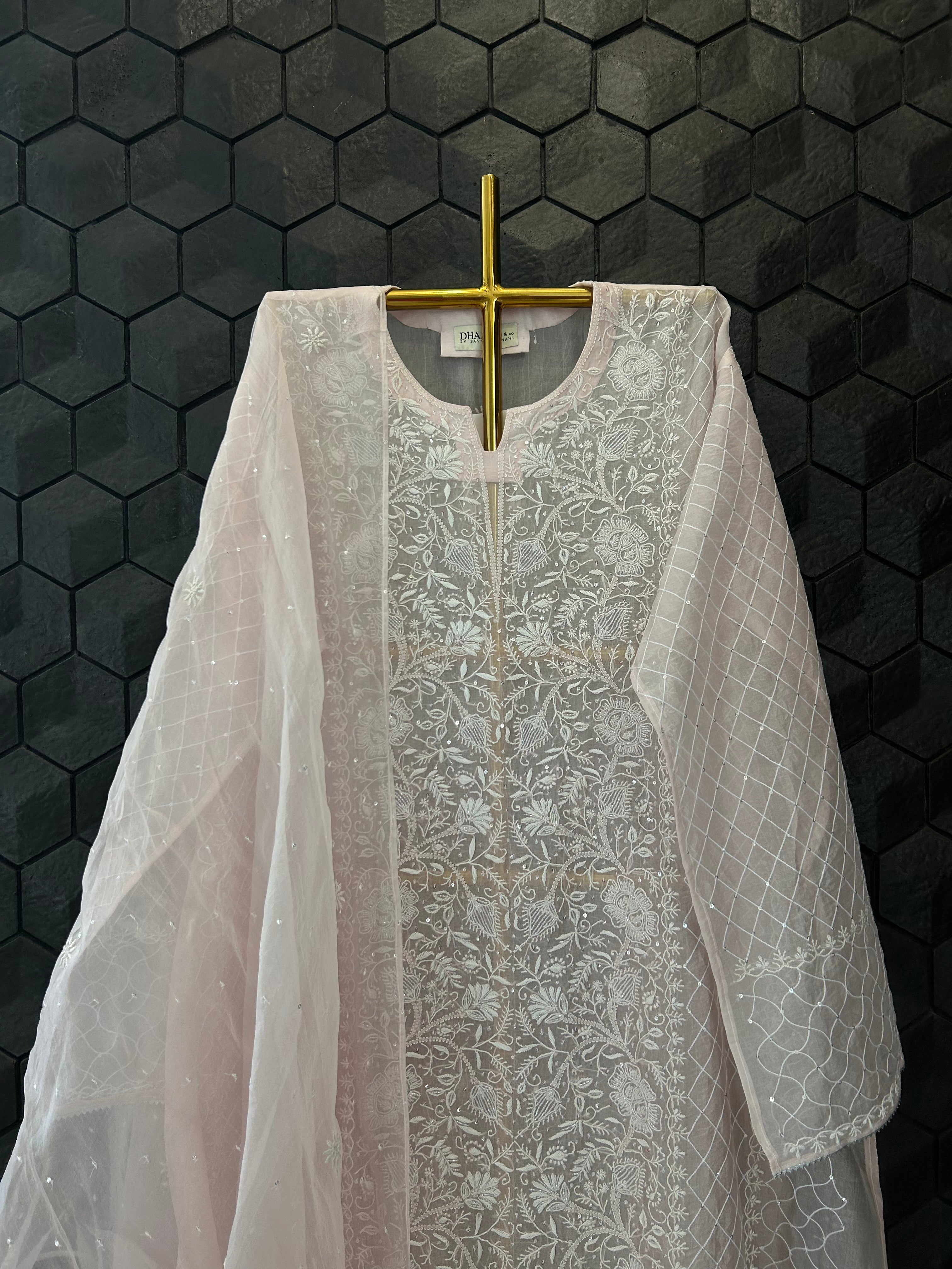 Pink Organza Chikankari Kurta Set