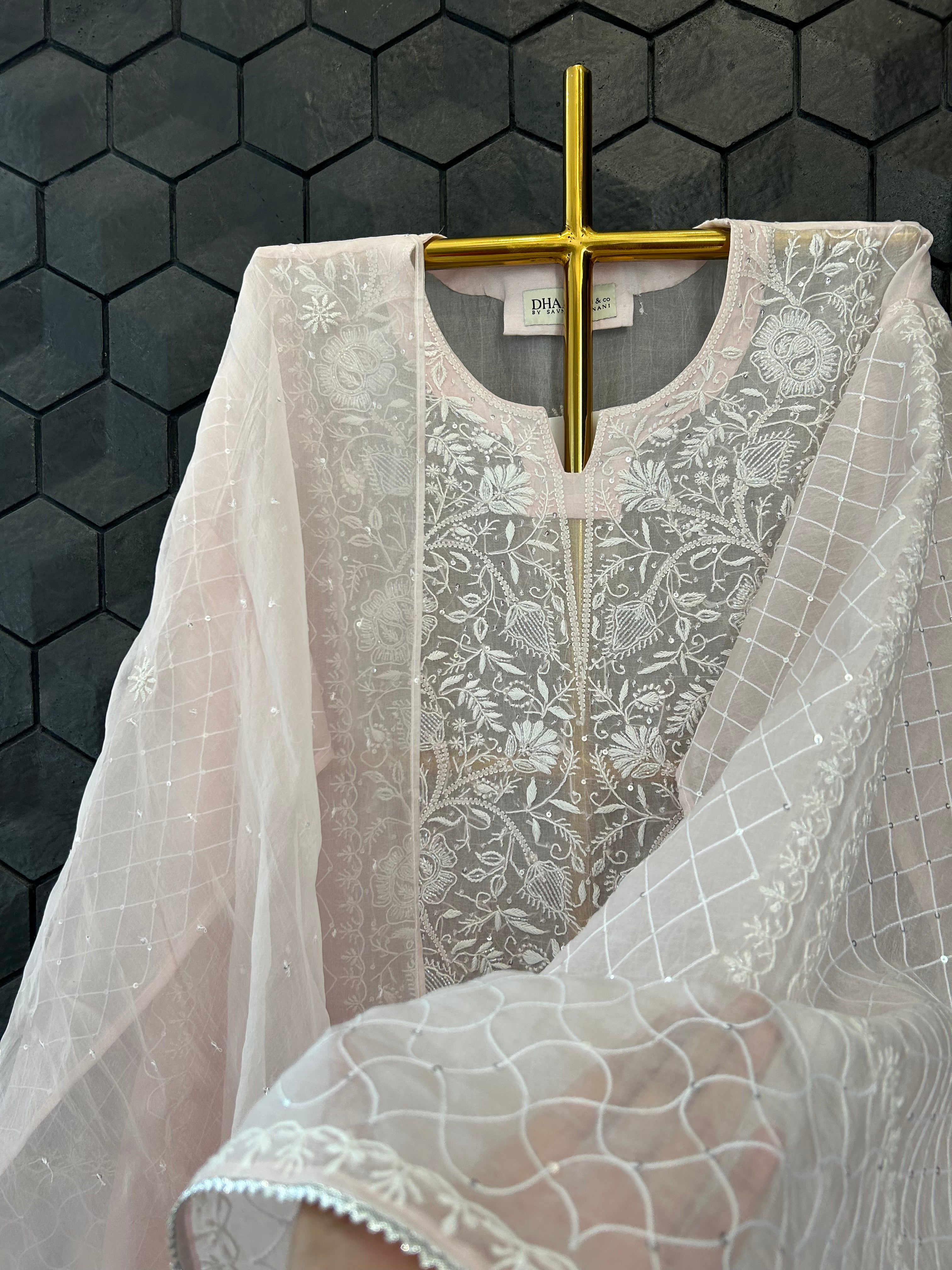 Pink Organza Chikankari Kurta Set