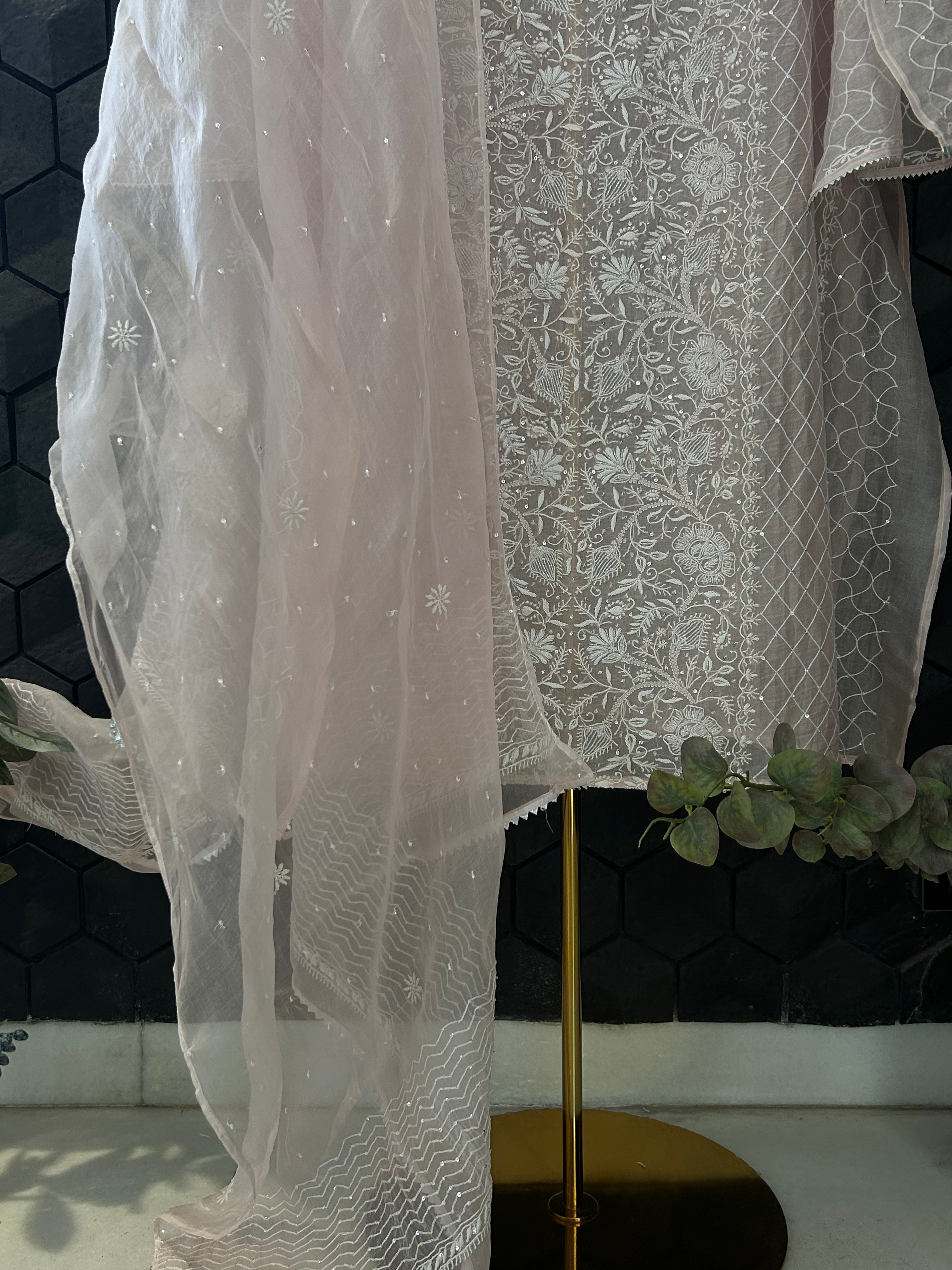 Pink Organza Chikankari Kurta Set