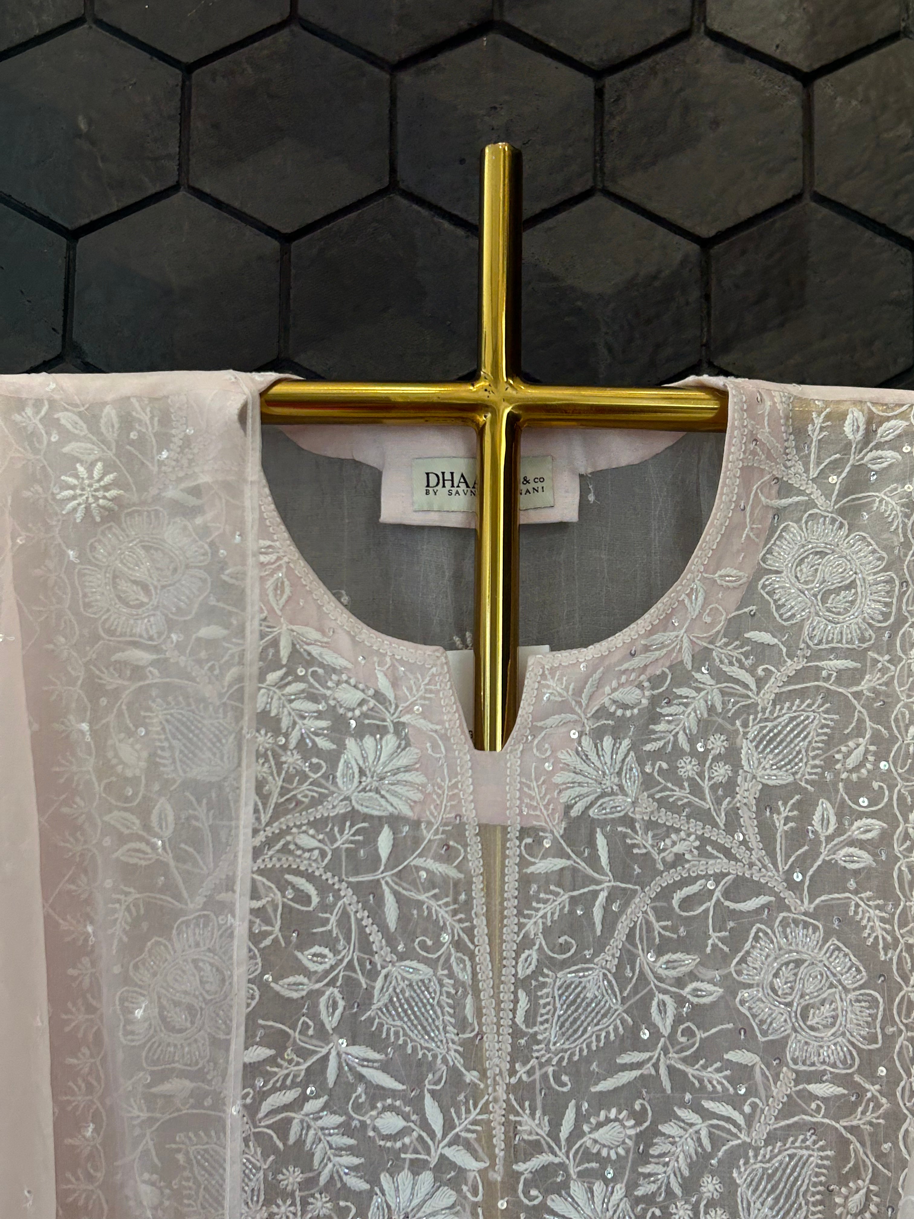 Pink Organza Chikankari Kurta Set