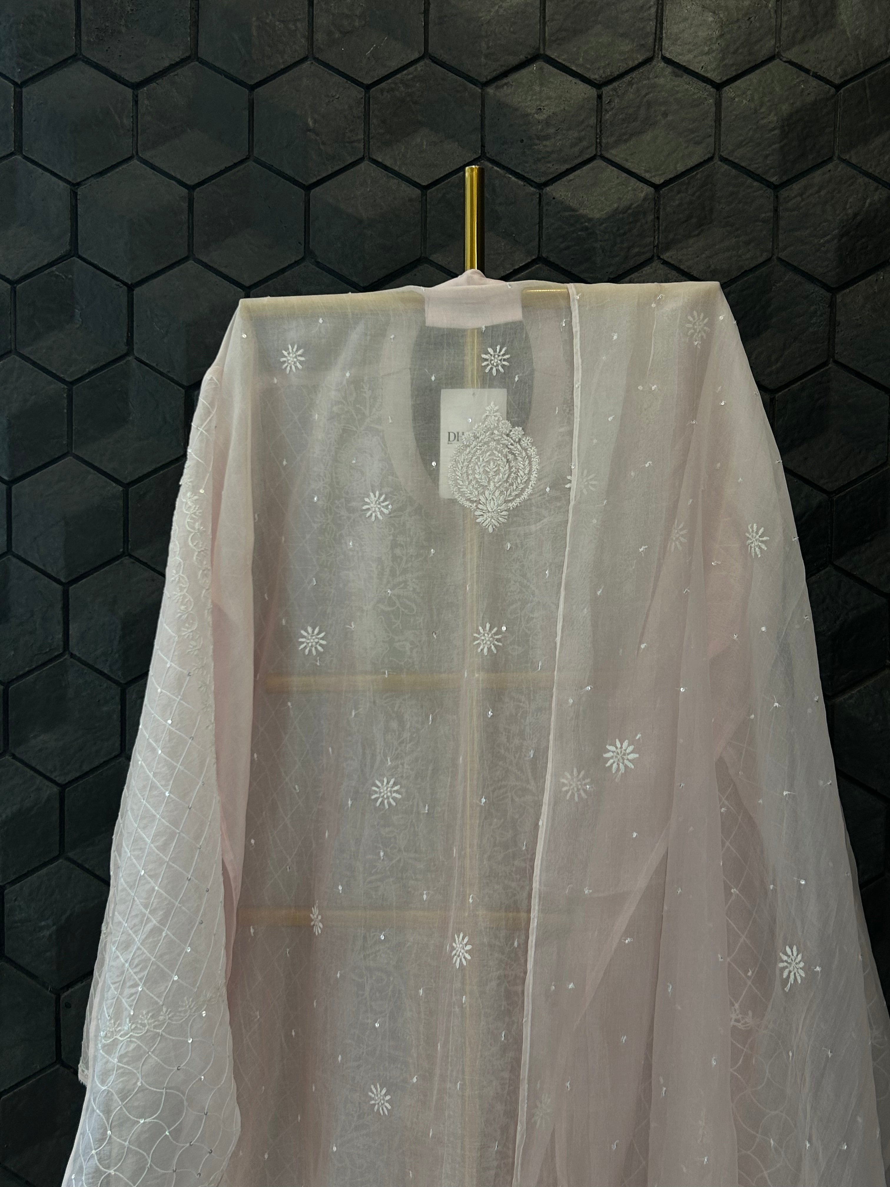 Pink Organza Chikankari Kurta Set