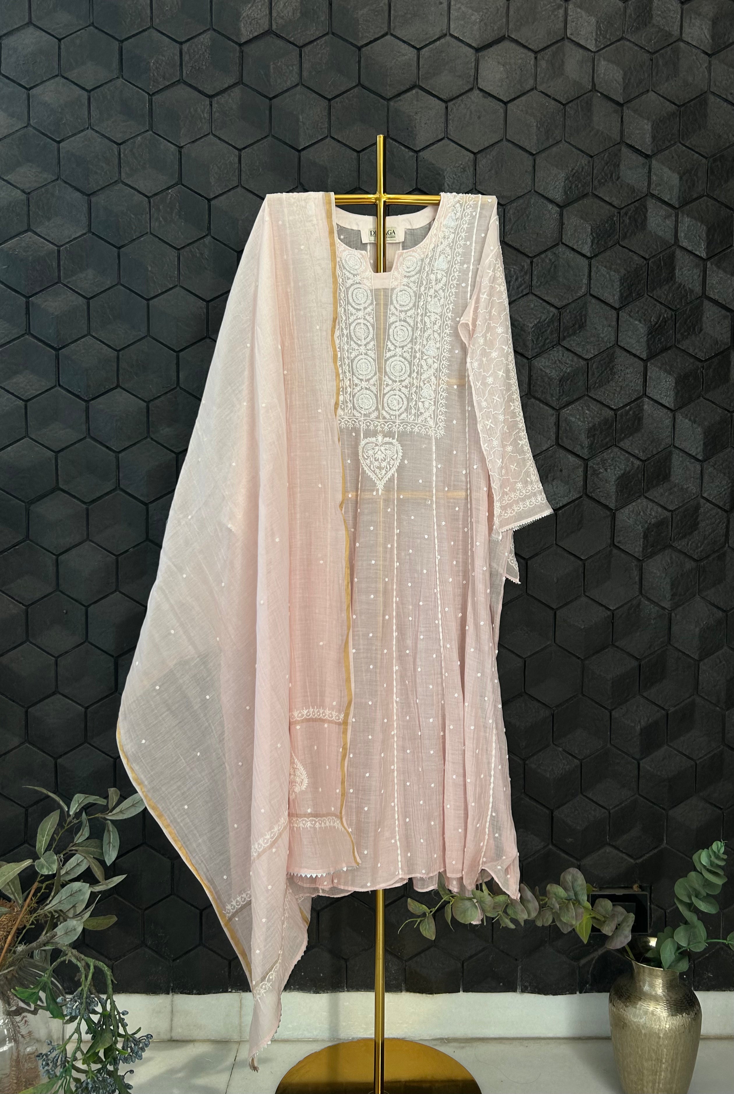 Pink Mul Chanderi Chikankari Anarkali Set