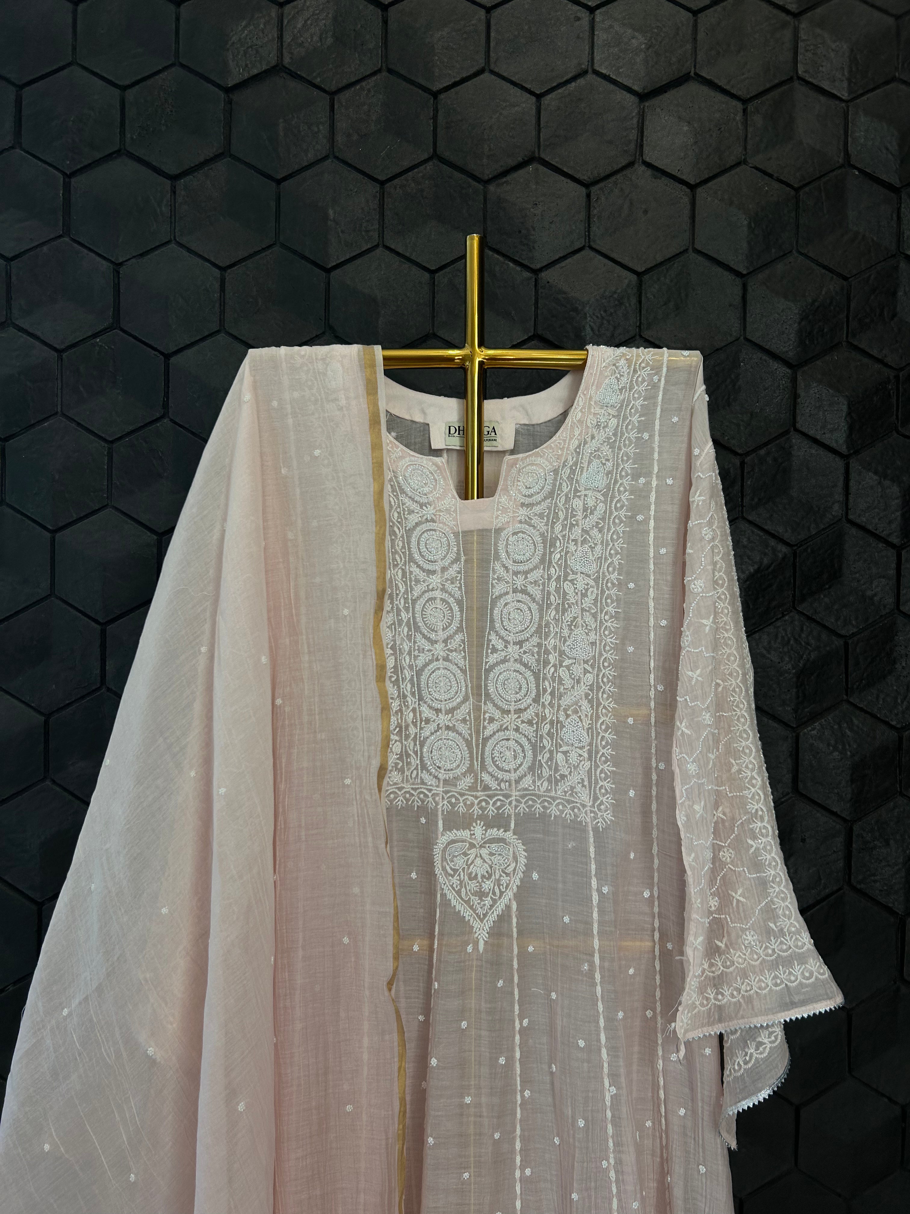 Pink Mul Chanderi Chikankari Anarkali Set