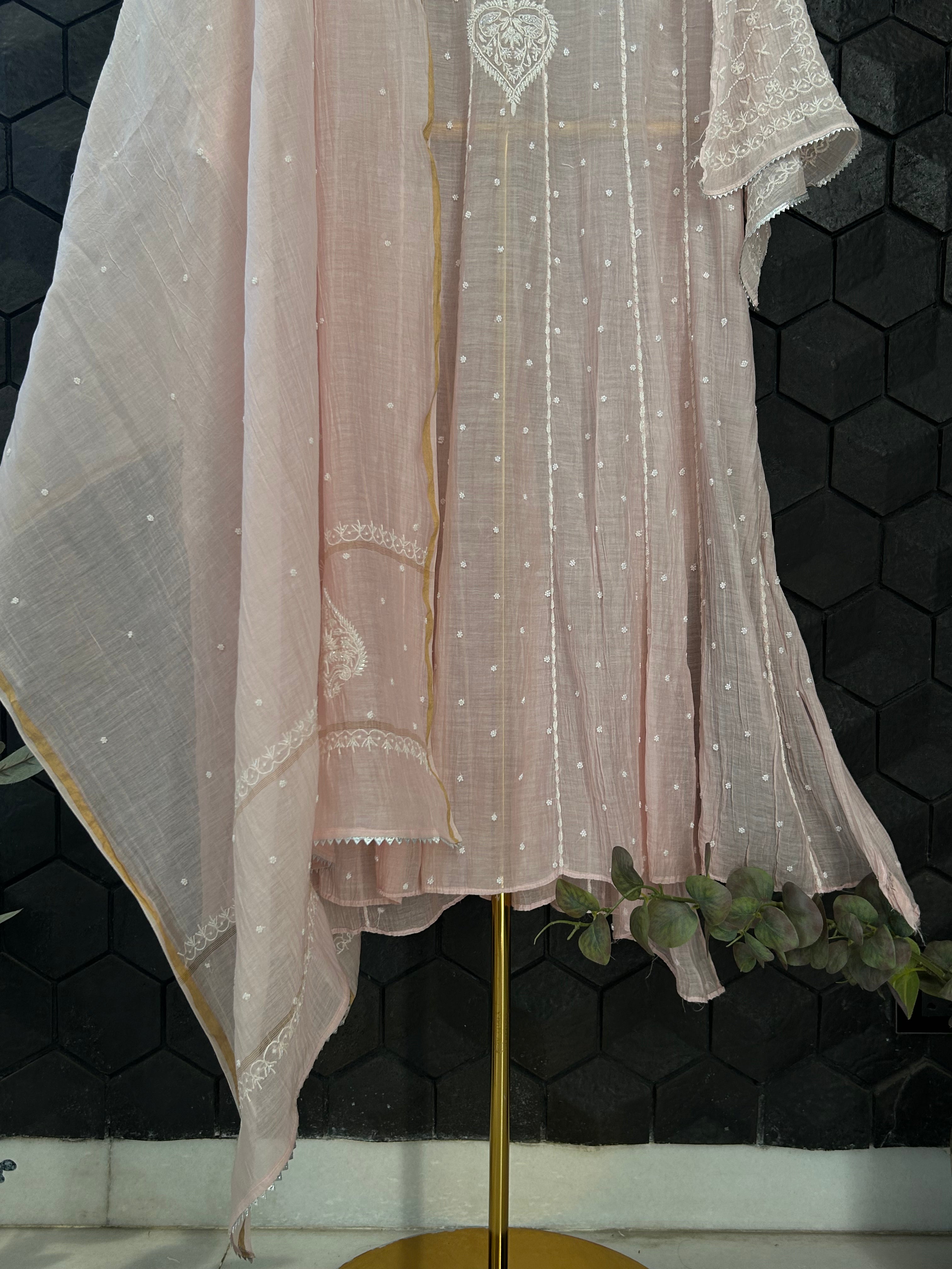 Pink Mul Chanderi Chikankari Anarkali Set