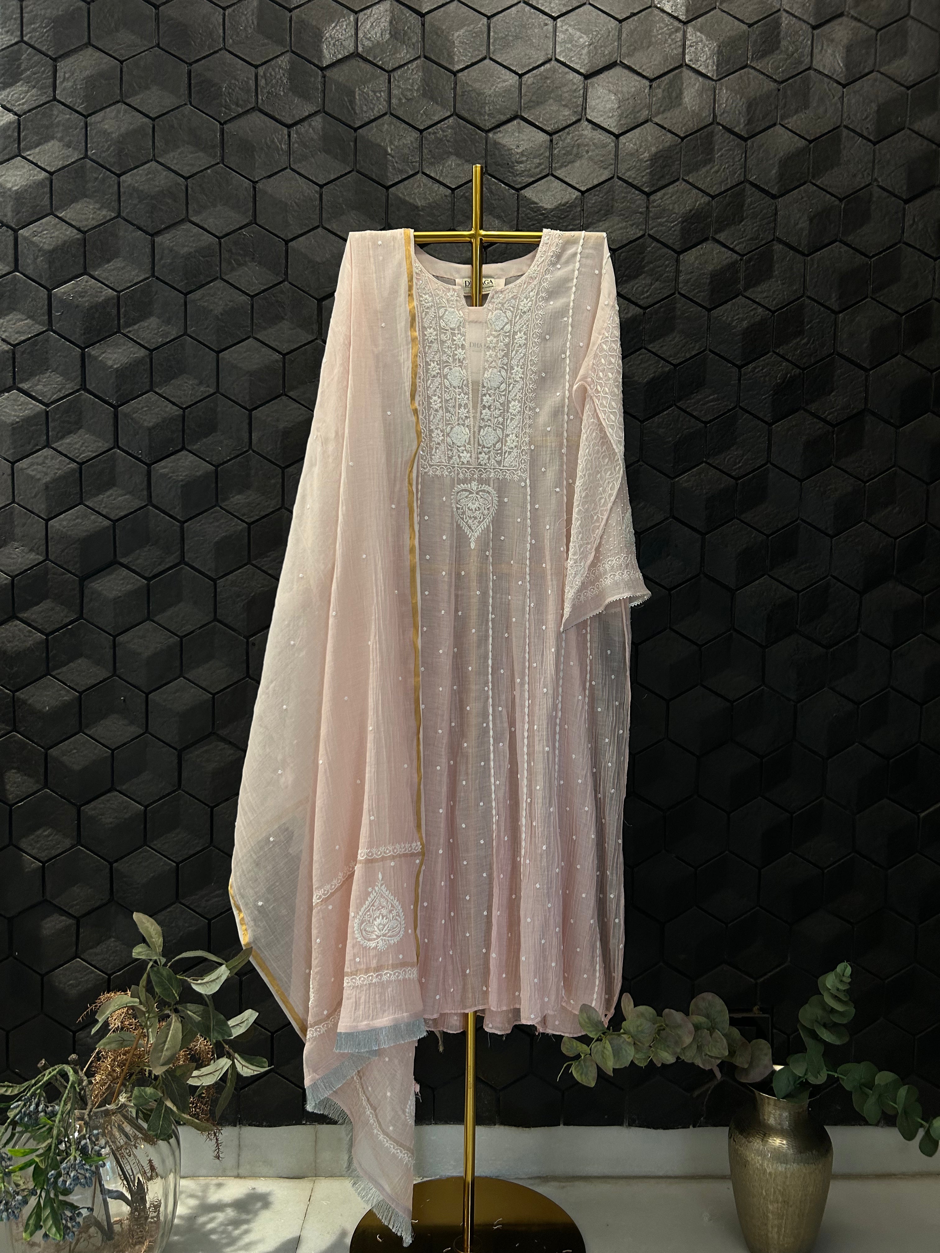 Pink Mul Chanderi Chikankari Anarkali Set