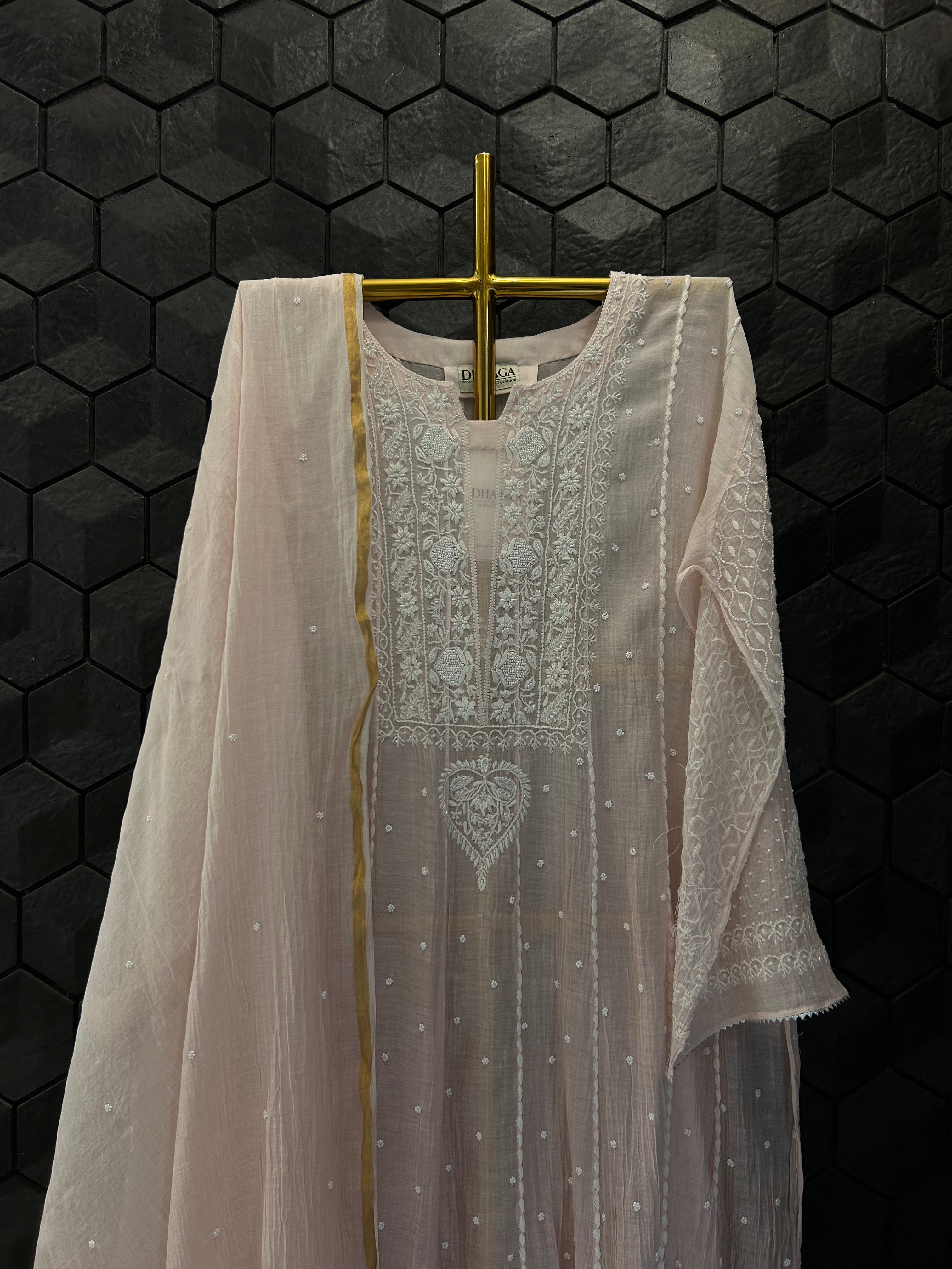 Pink Mul Chanderi Chikankari Anarkali Set