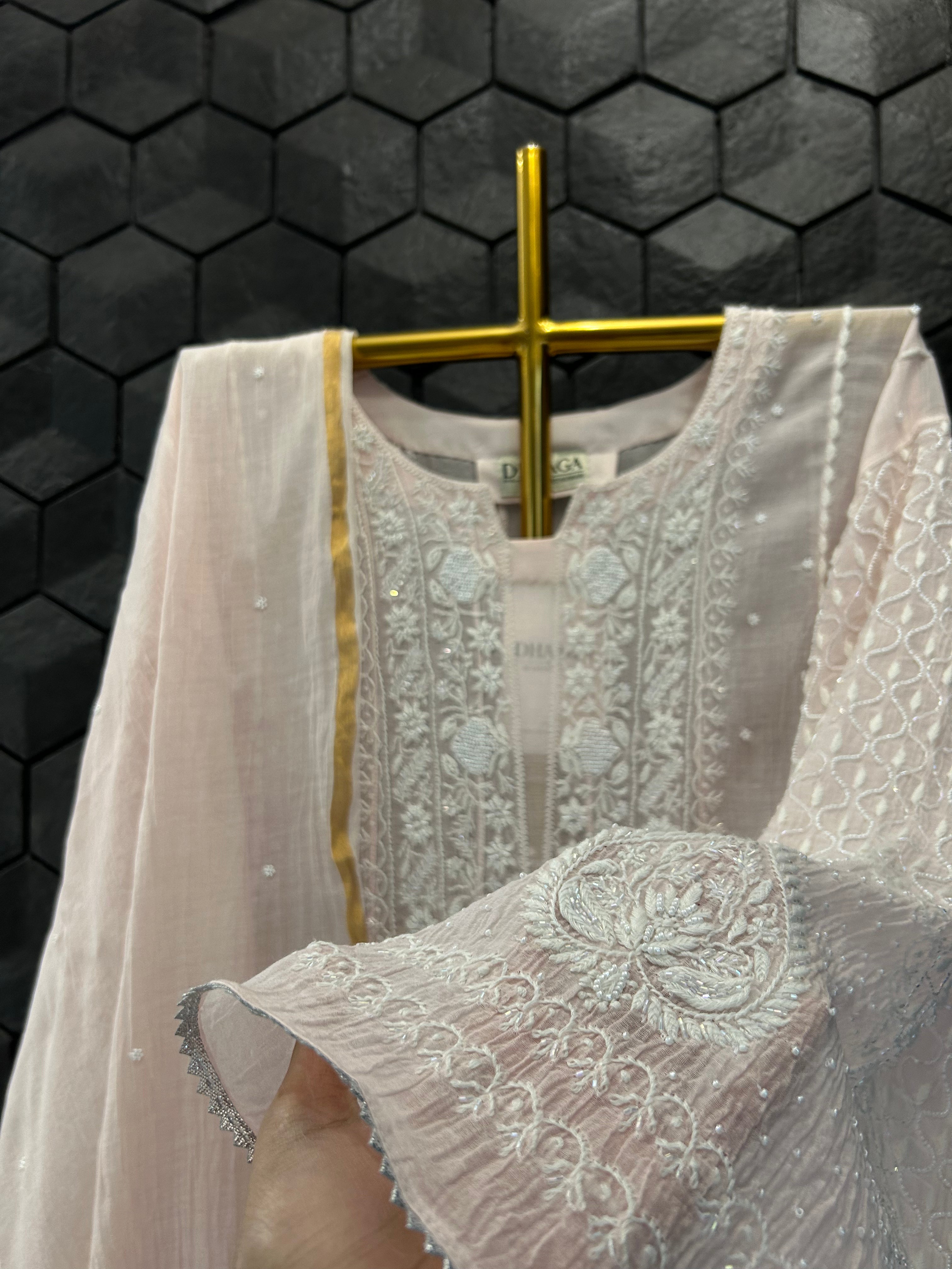 Pink Mul Chanderi Chikankari Anarkali Set