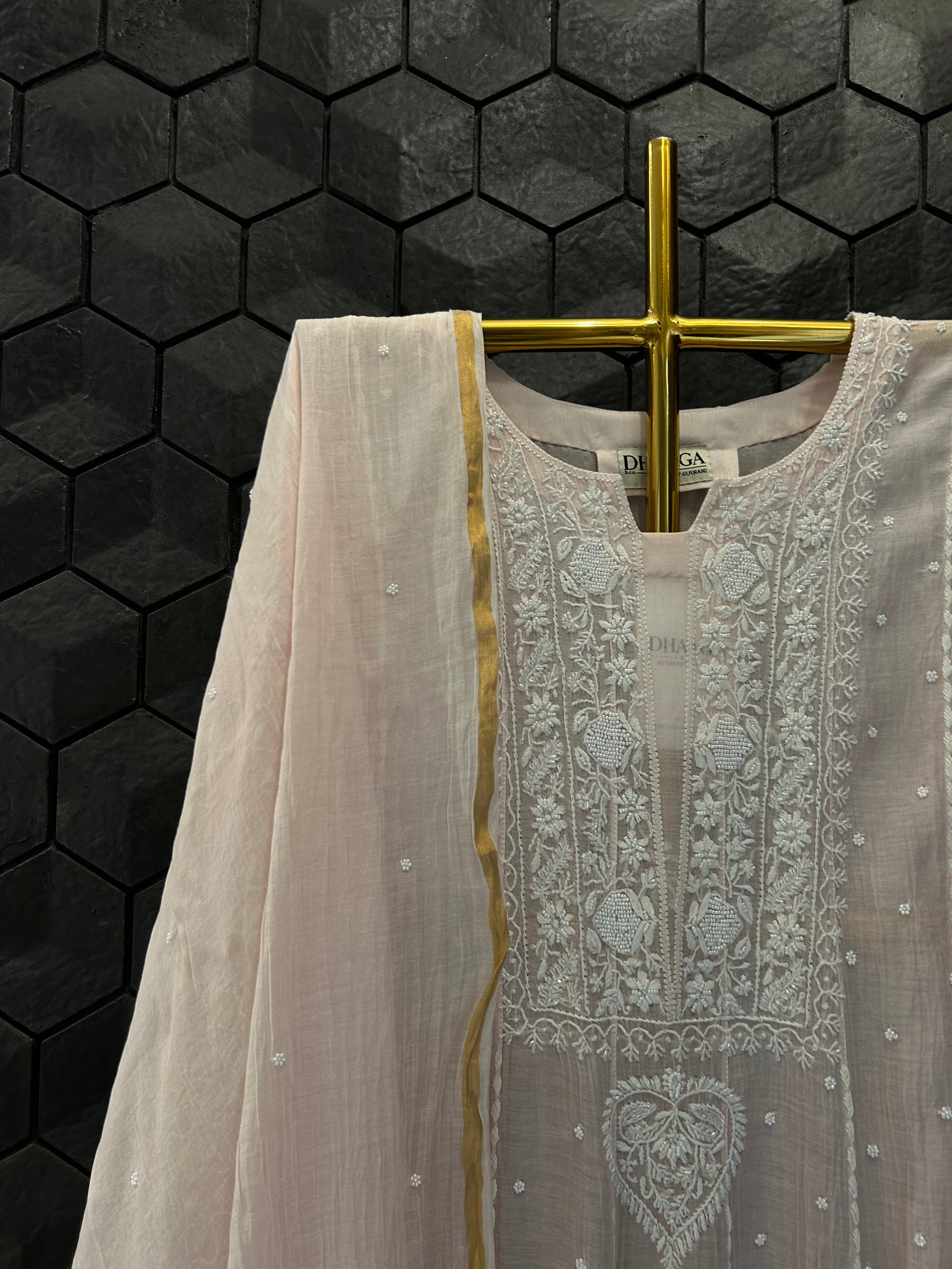 Pink Mul Chanderi Chikankari Anarkali Set