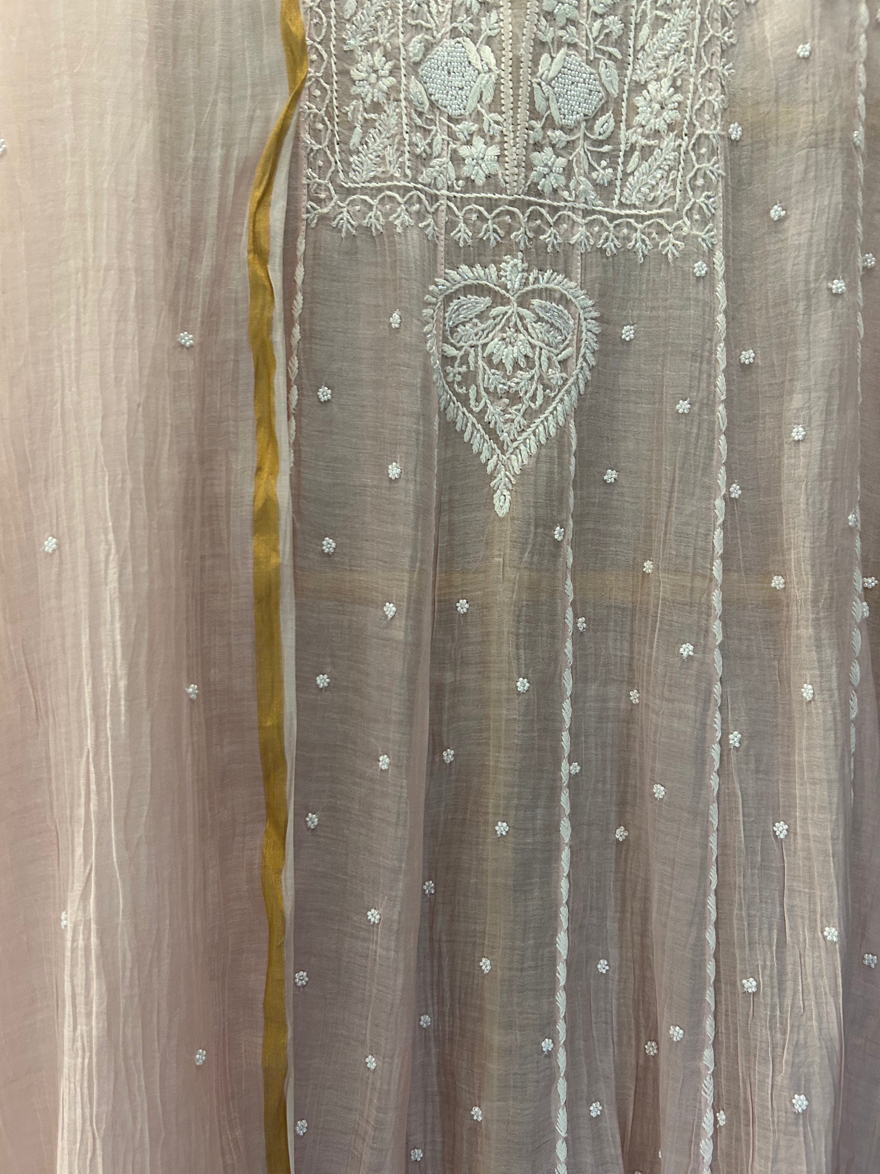 Pink Mul Chanderi Chikankari Anarkali Set