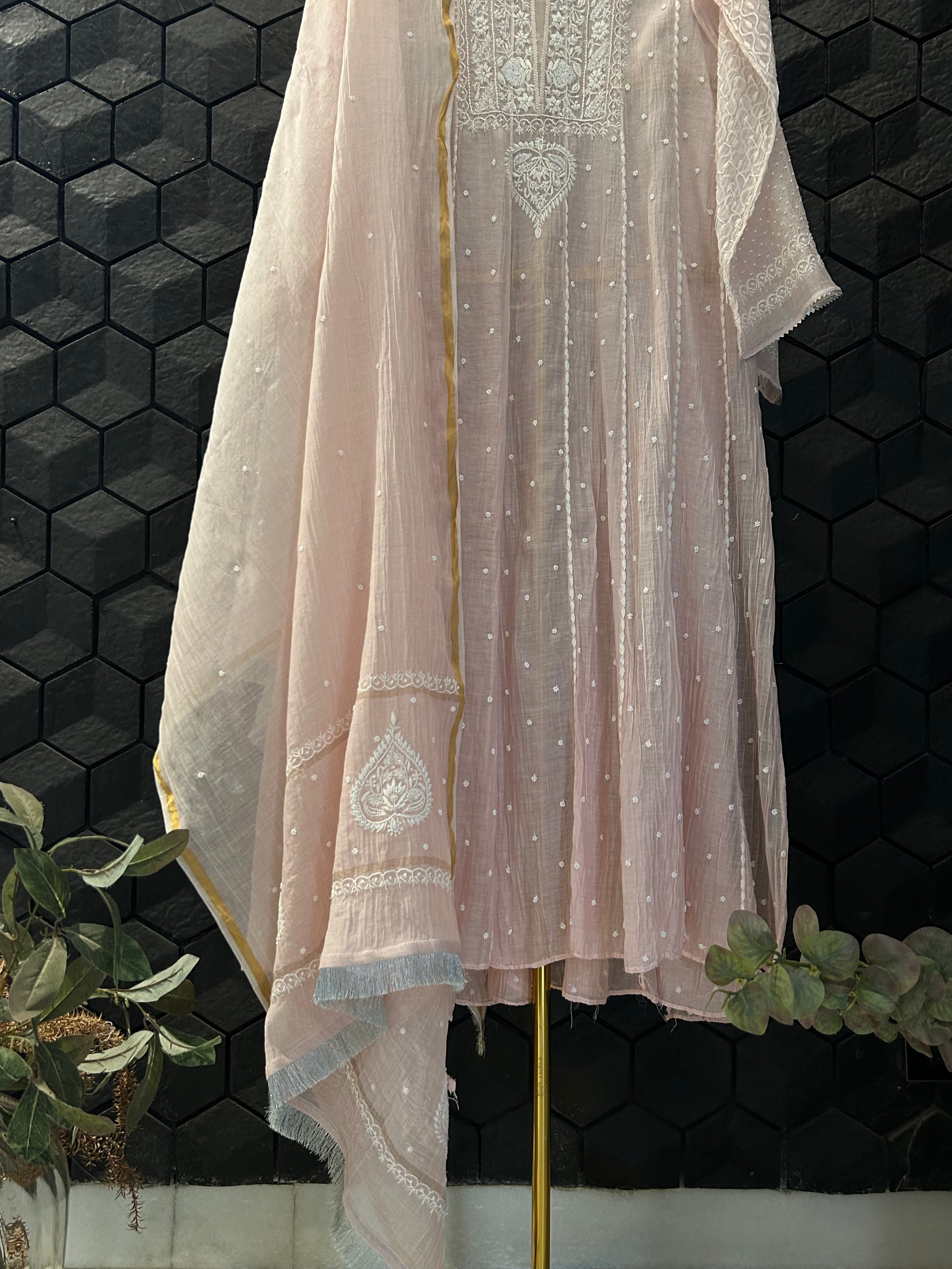 Pink Mul Chanderi Chikankari Anarkali Set