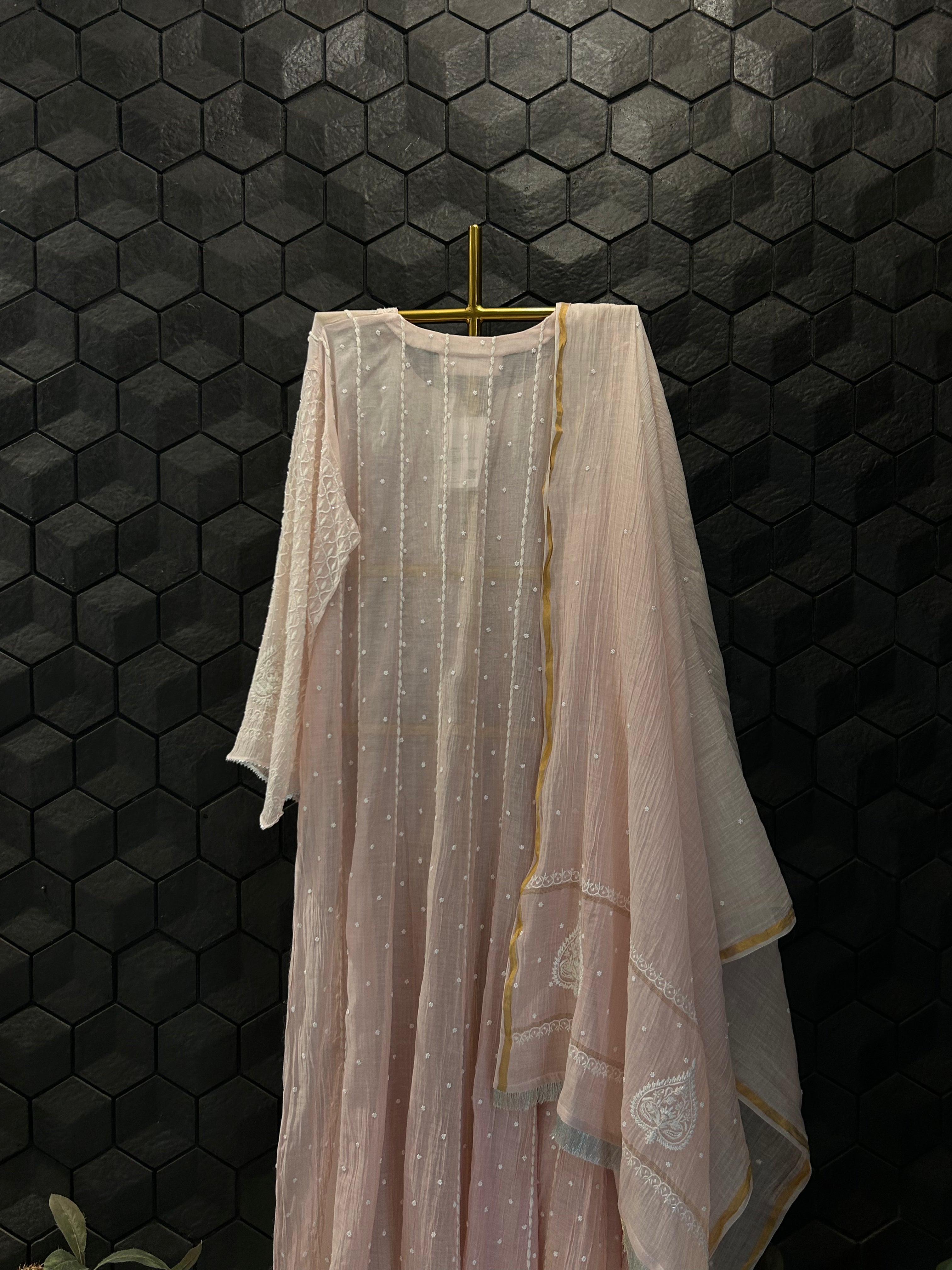 Pink Mul Chanderi Chikankari Anarkali Set