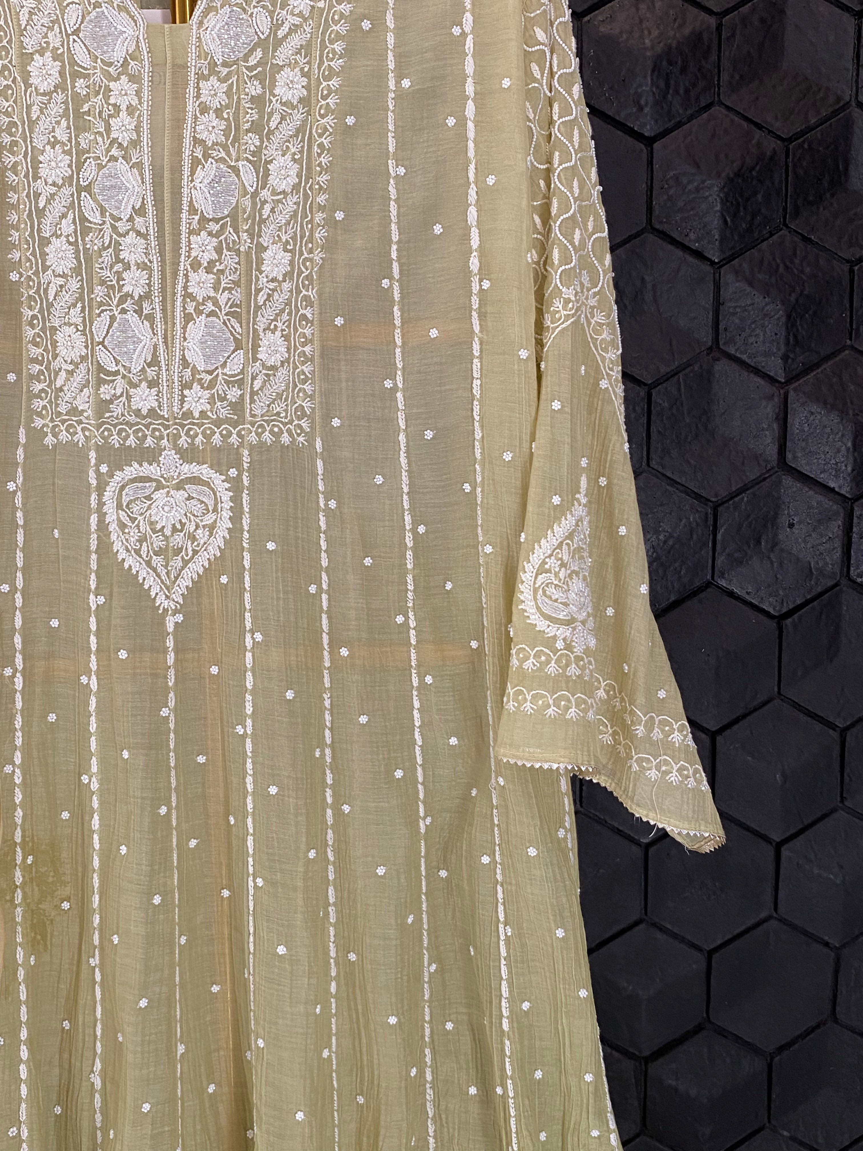Pista Green Mul Chanderi Chikankari Anarkali Set