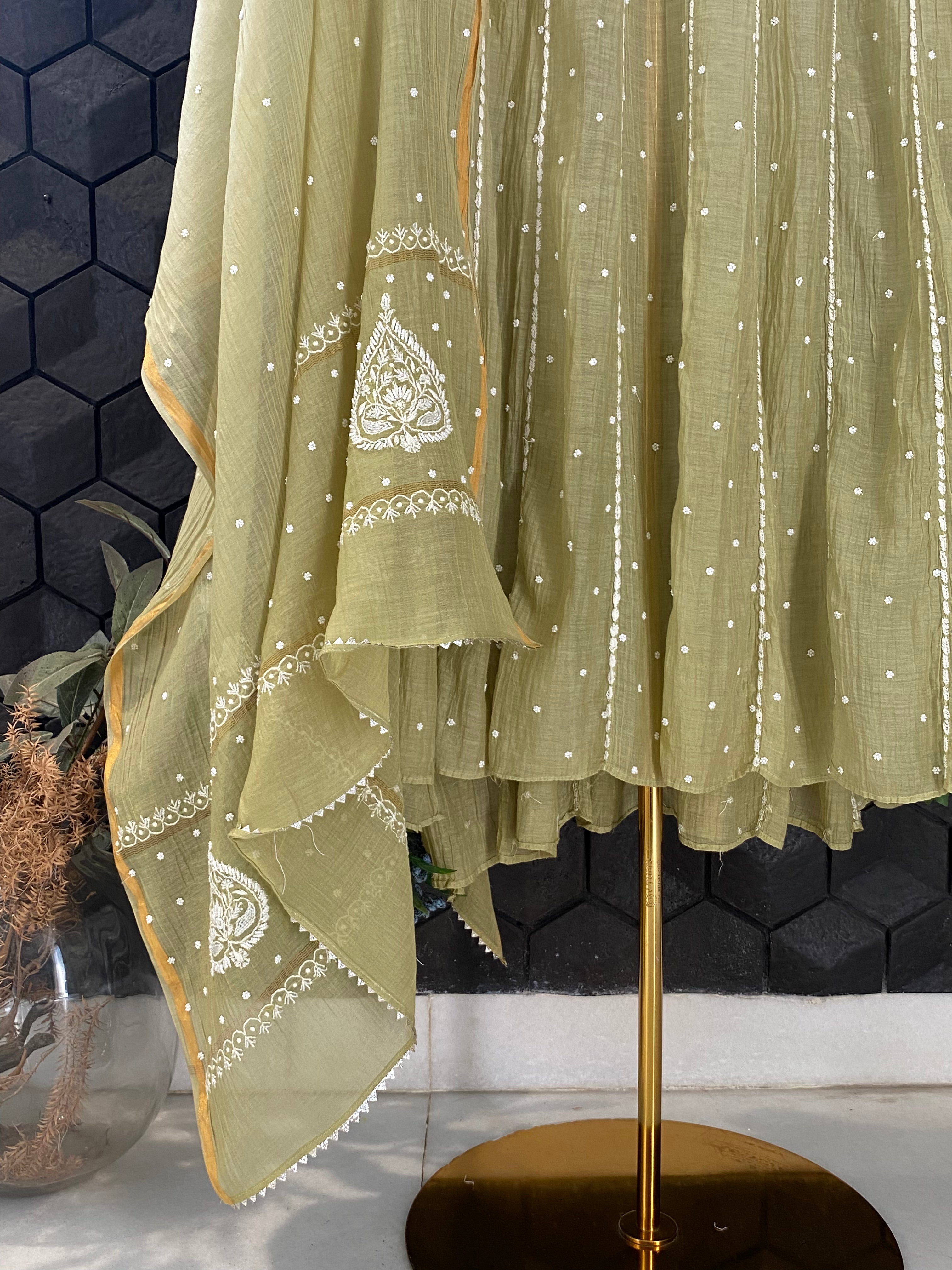 Pista Green Mul Chanderi Chikankari Anarkali Set