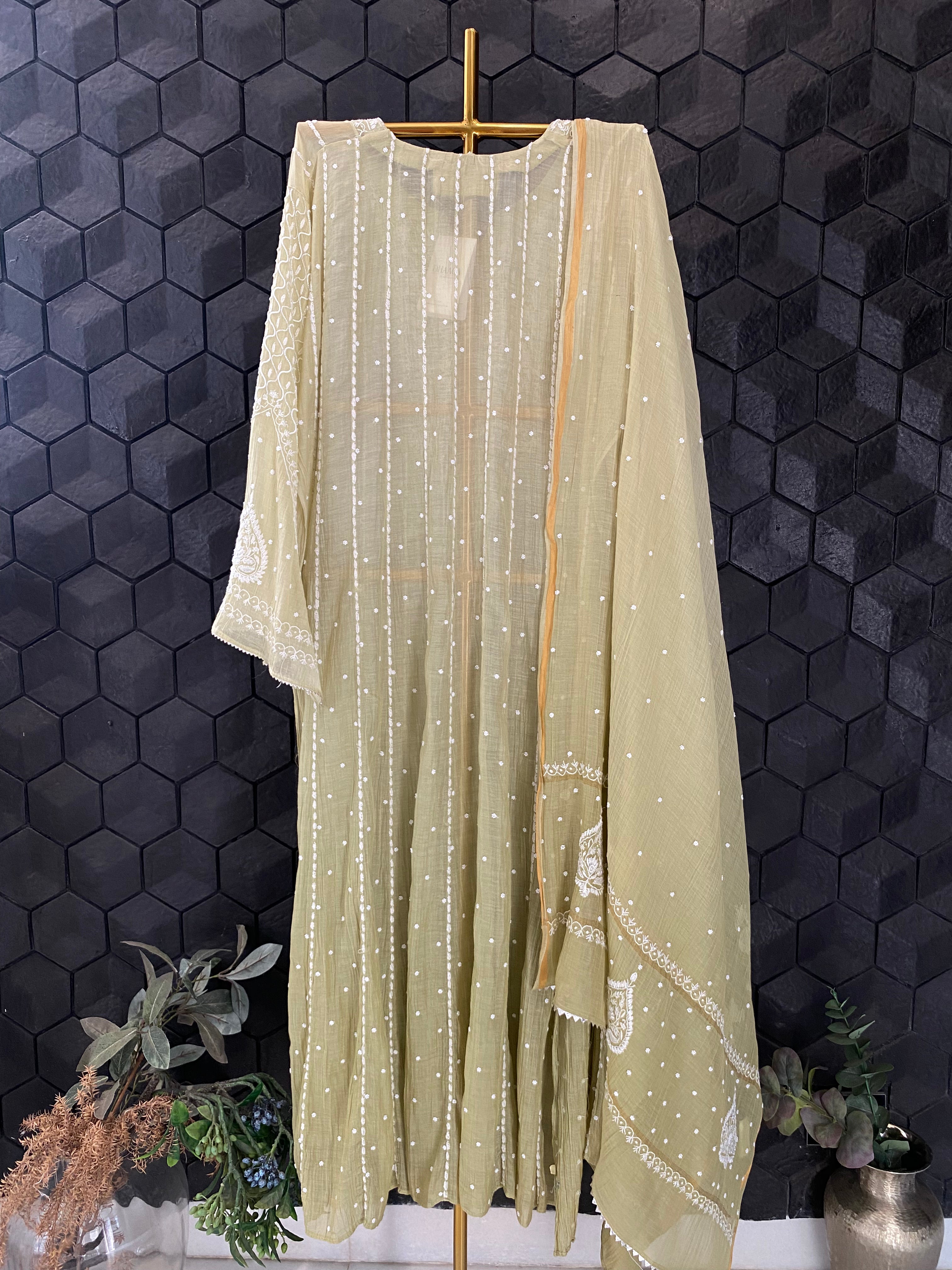 Pista Green Mul Chanderi Chikankari Anarkali Set