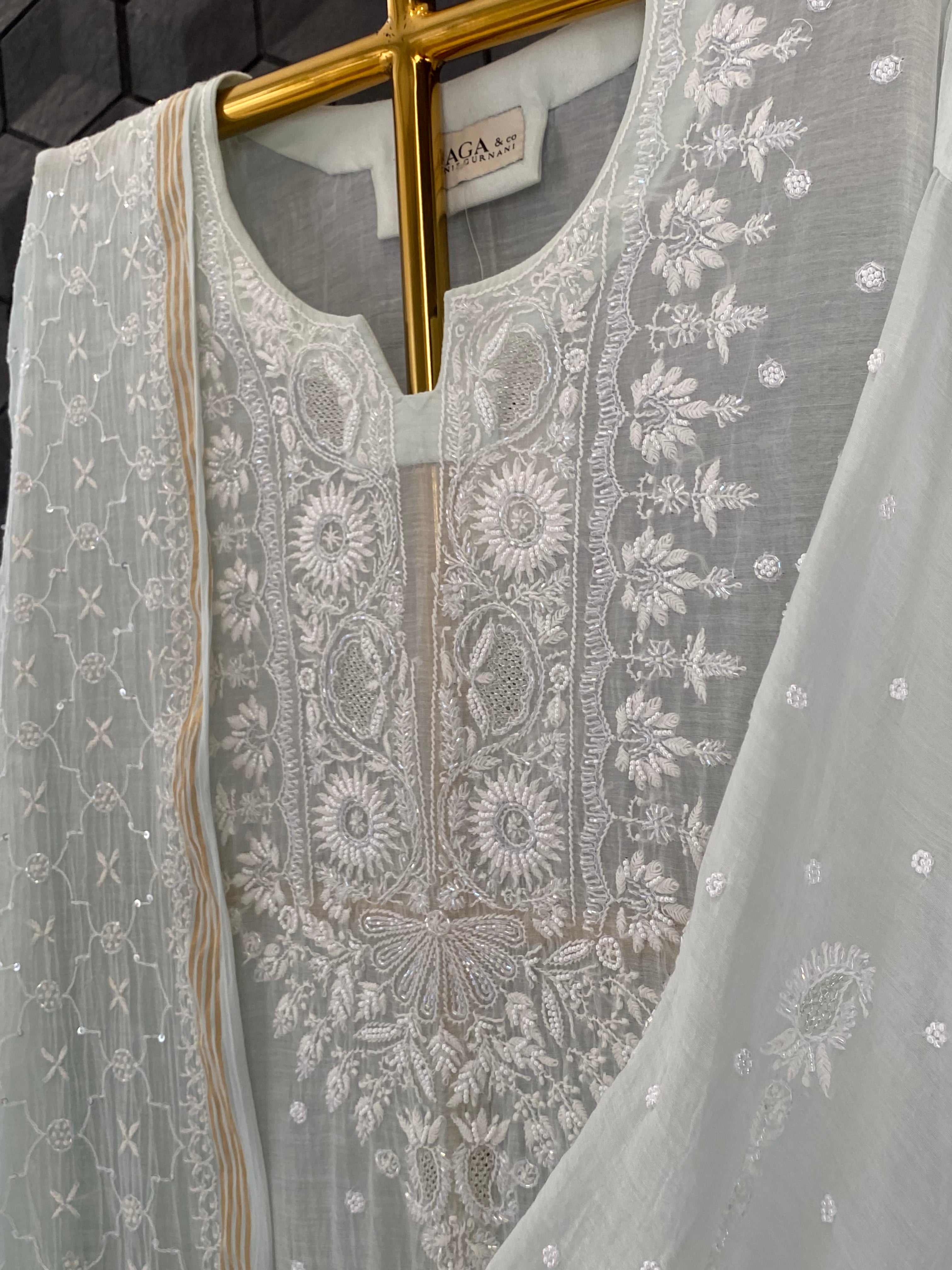 Sea Green Mul Chanderi Chikankari Kurta Set