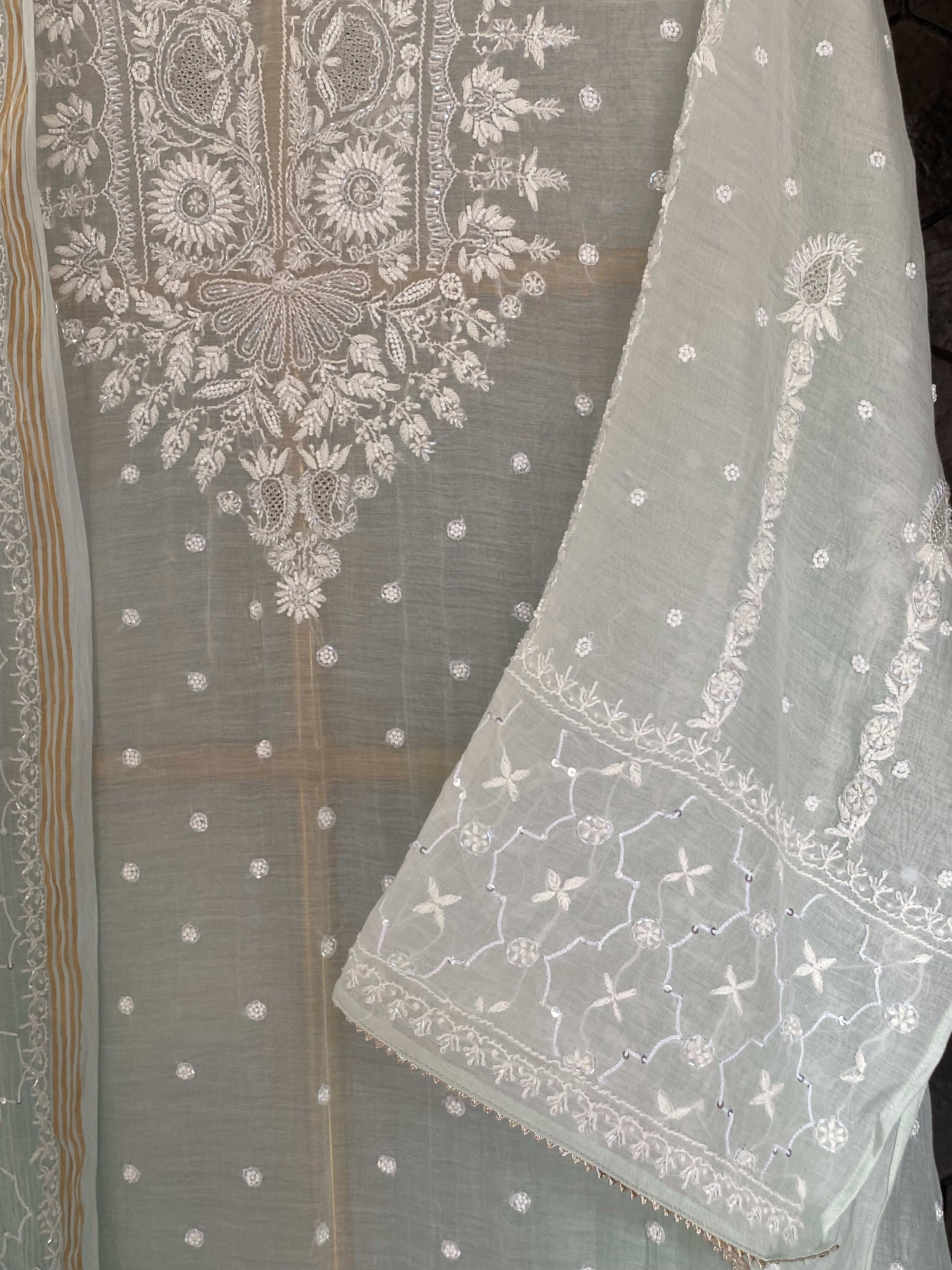 Sea Green Mul Chanderi Chikankari Kurta Set