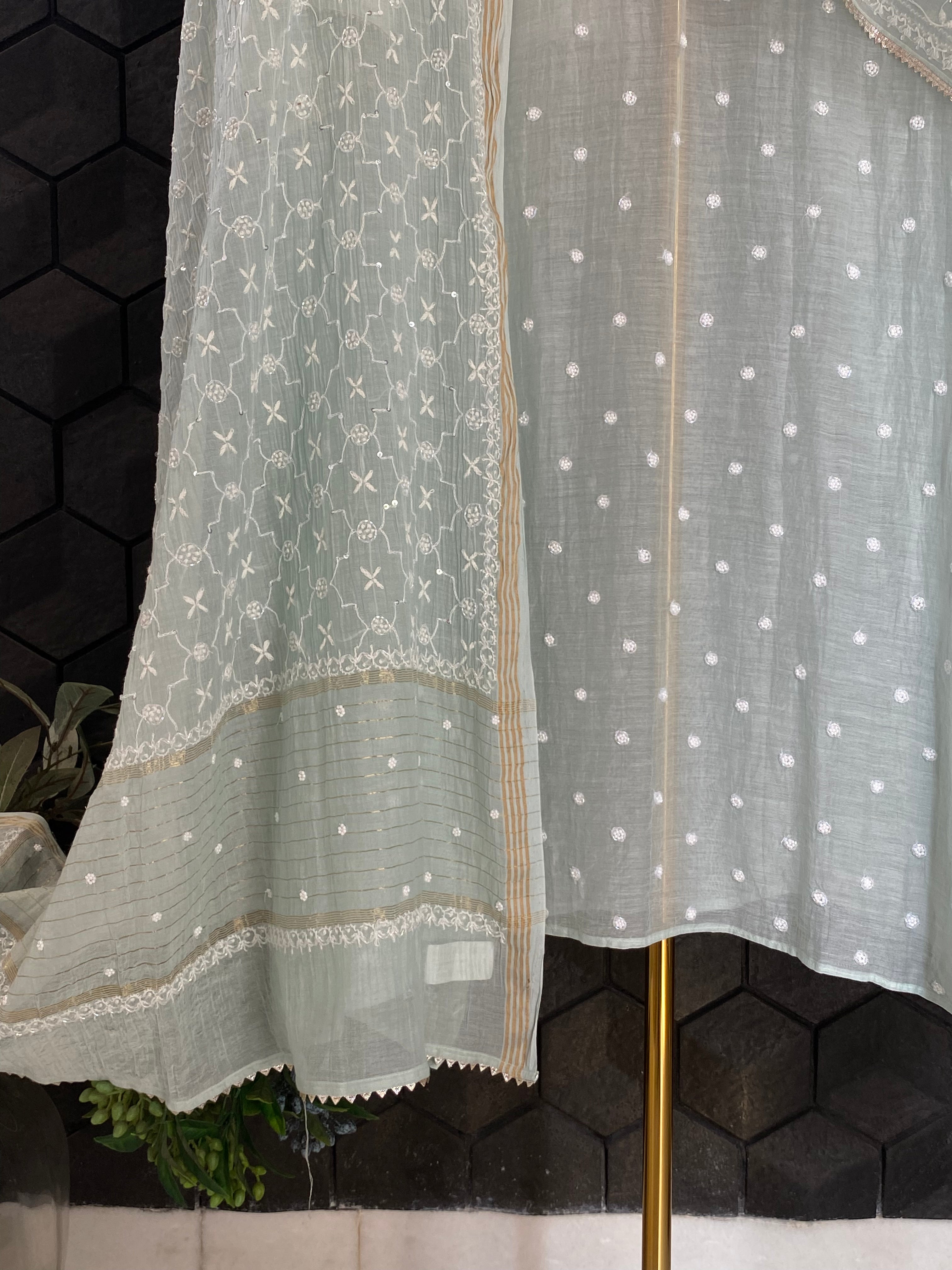 Sea Green Mul Chanderi Chikankari Kurta Set