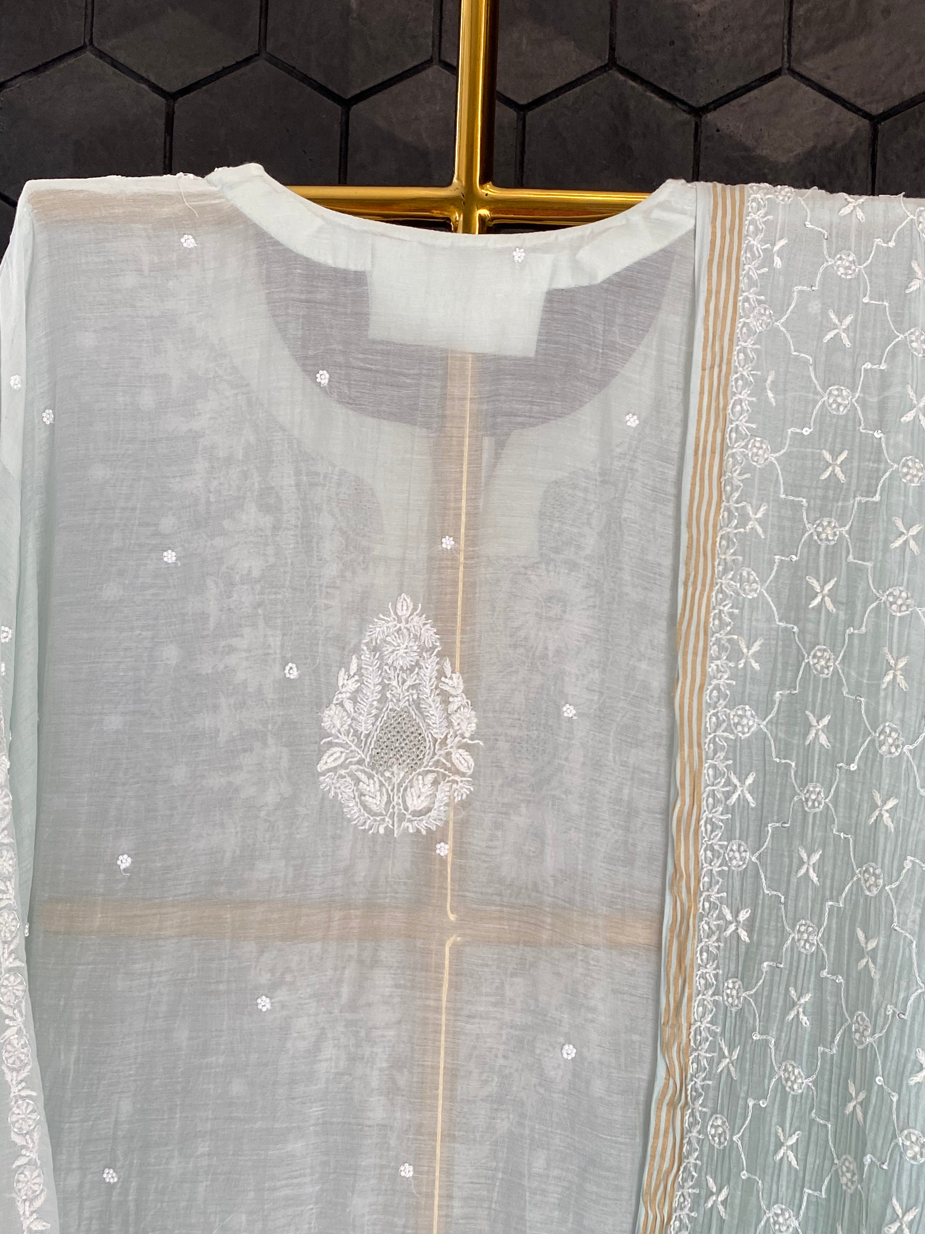Sea Green Mul Chanderi Chikankari Kurta Set