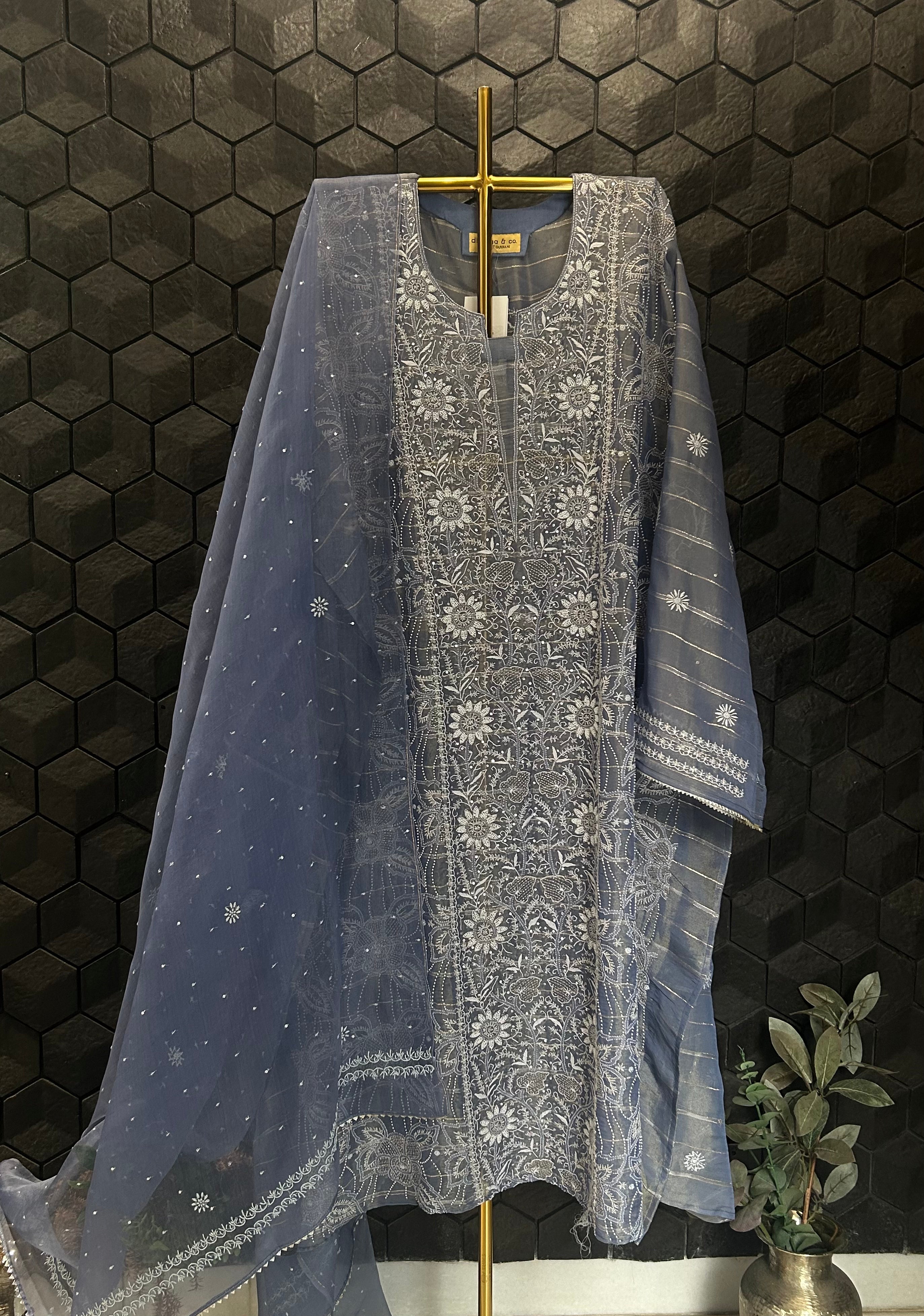 Blue Shimmer Organza Chikankari Kurta Set