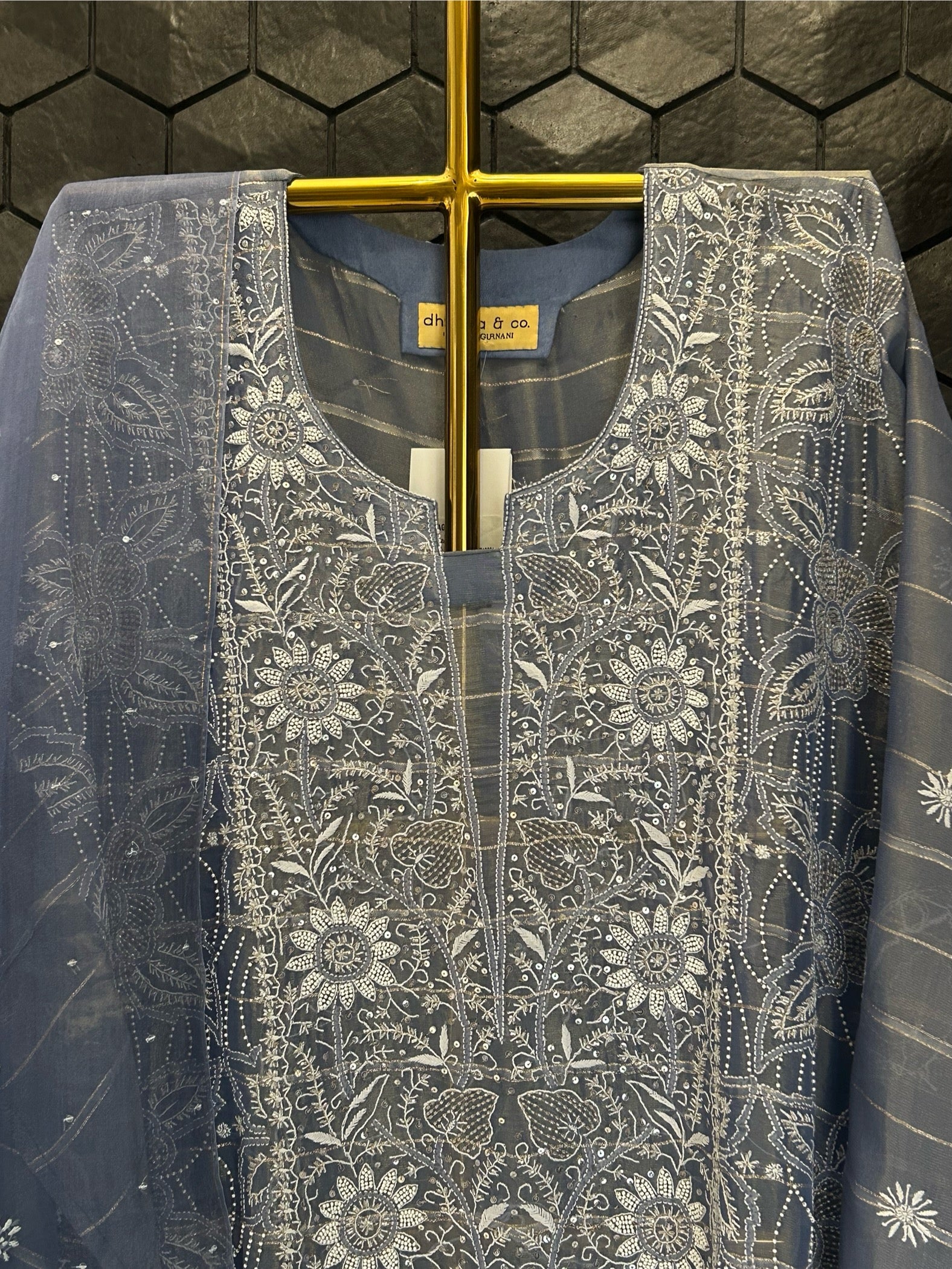 Blue Shimmer Organza Chikankari Kurta Set