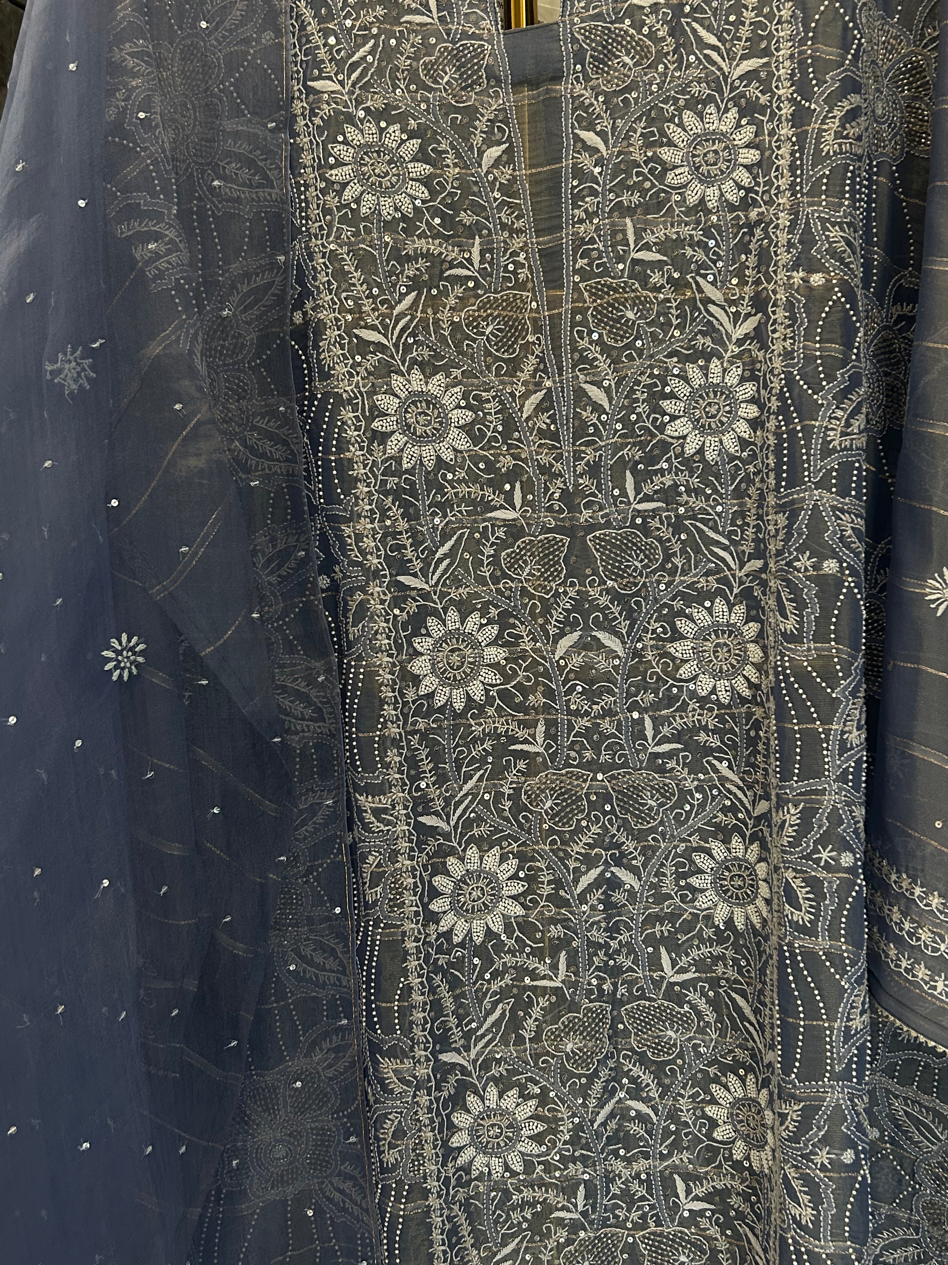Blue Shimmer Organza Chikankari Kurta Set