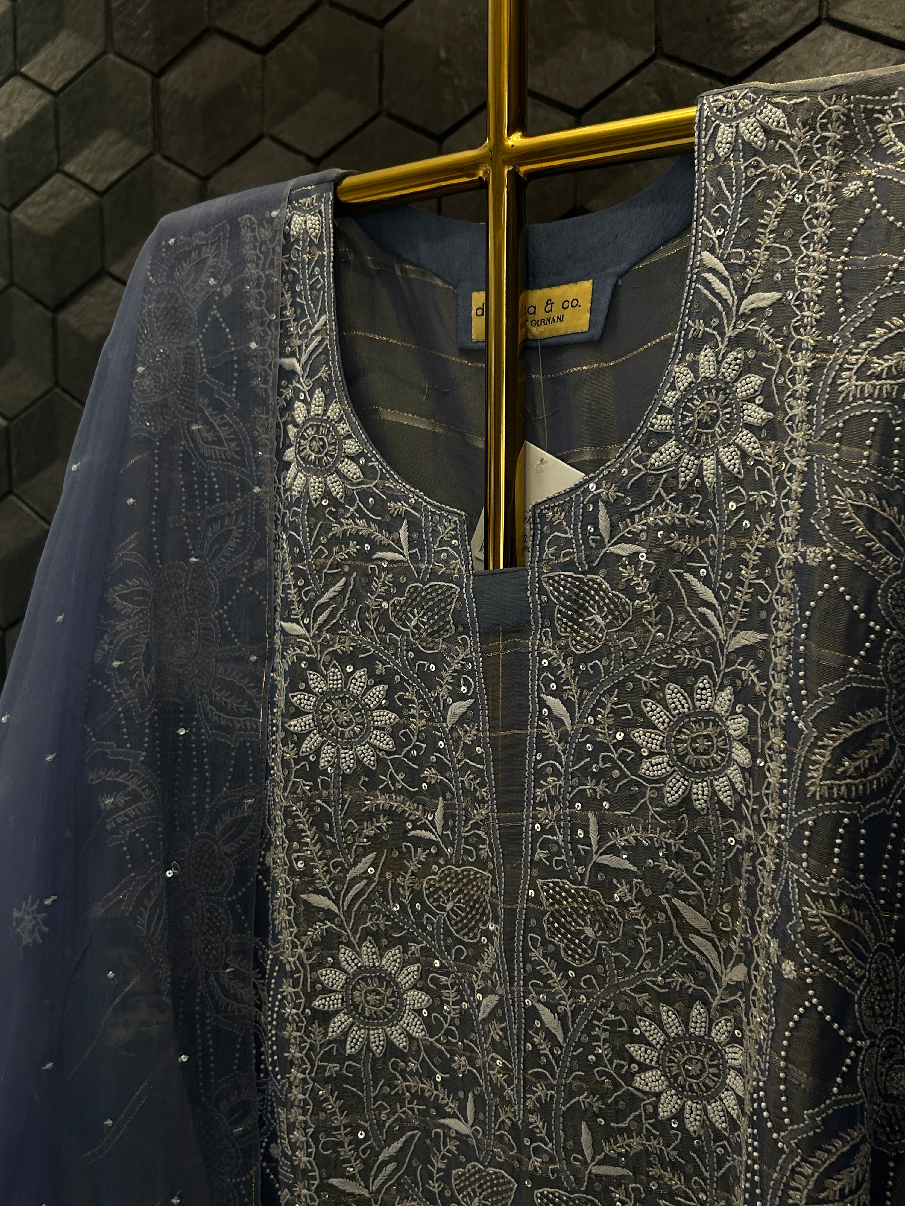 Blue Shimmer Organza Chikankari Kurta Set