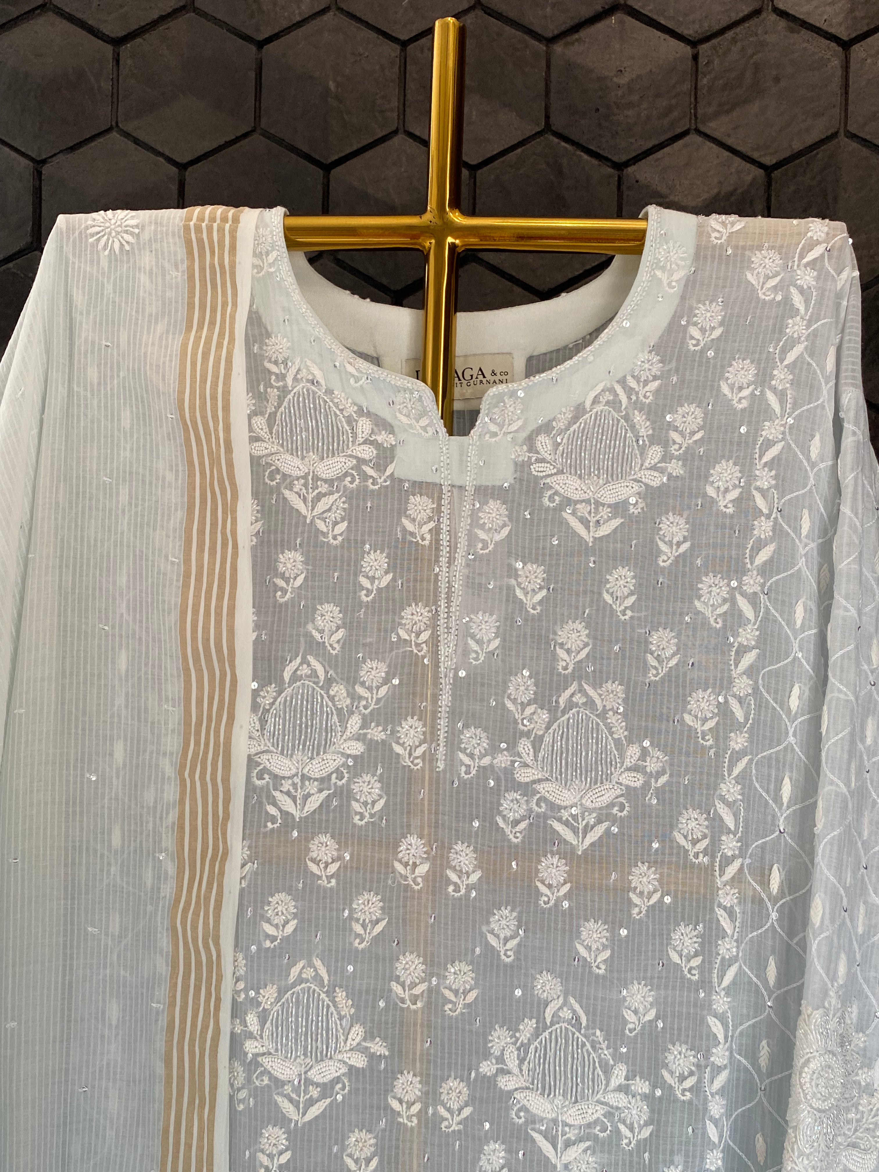 Sky Blue Maheshwari Chikankari Kurta Set