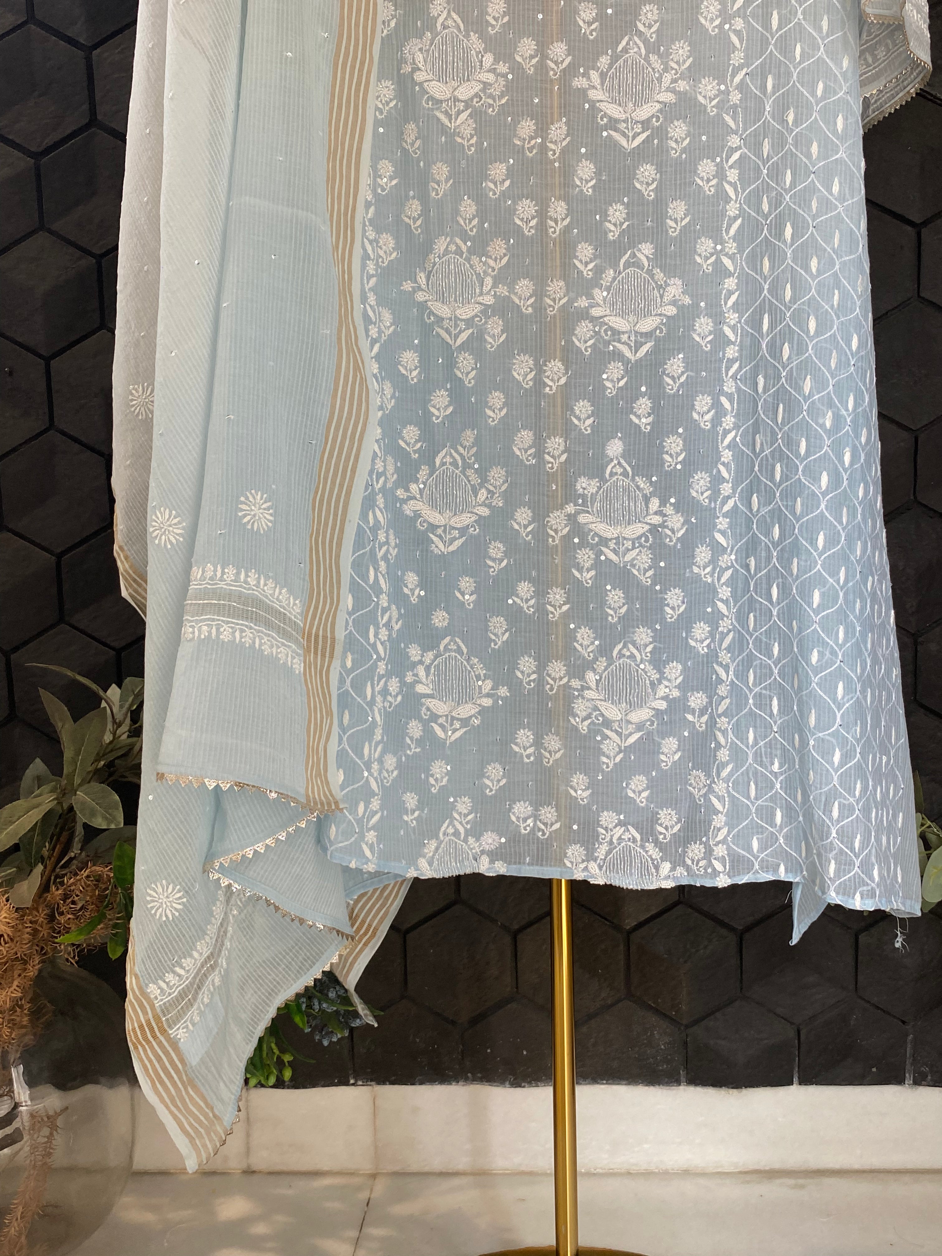 Sky Blue Maheshwari Chikankari Kurta Set