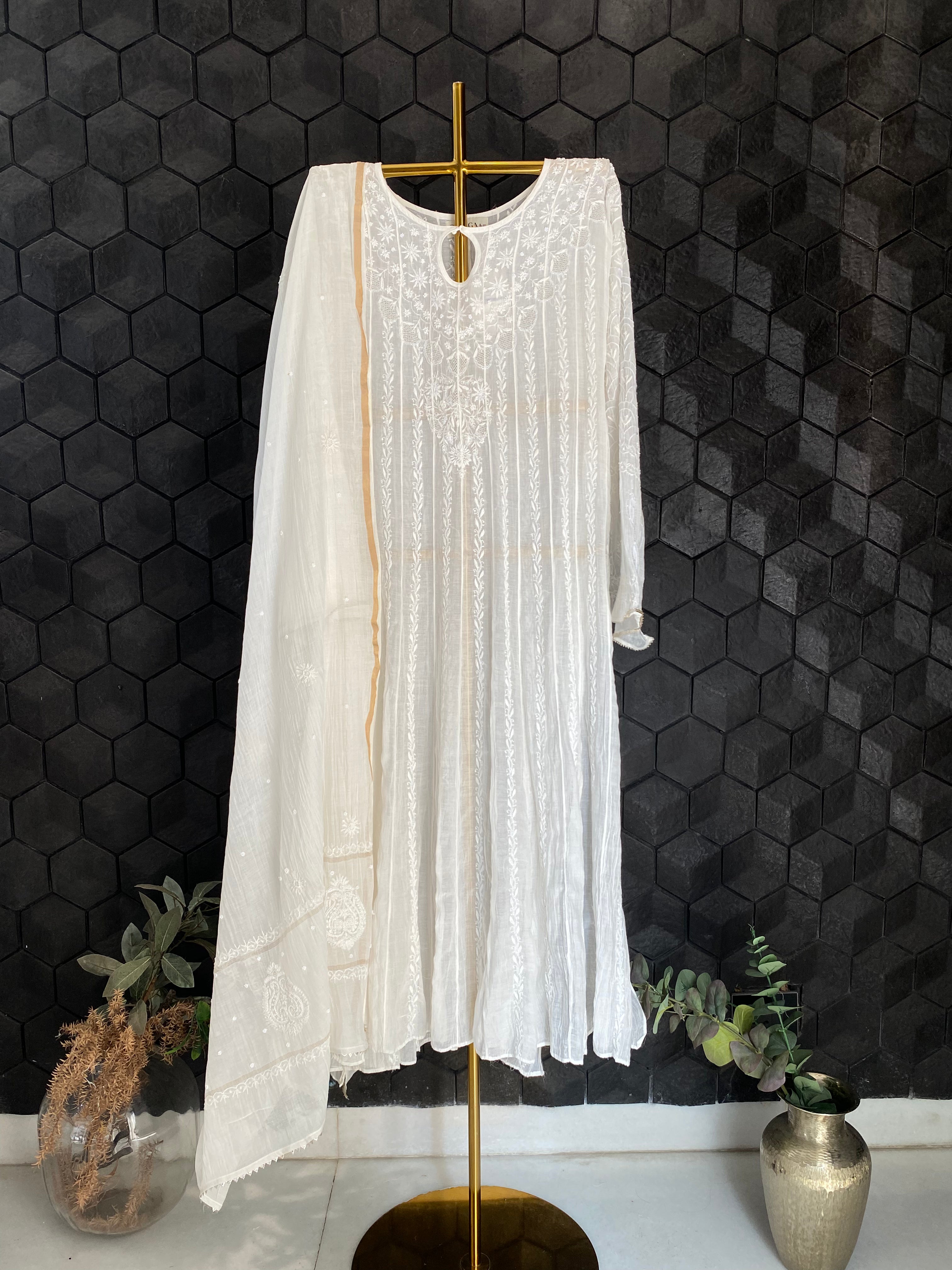 White Mul Chanderi Chikankari Anarkali Set