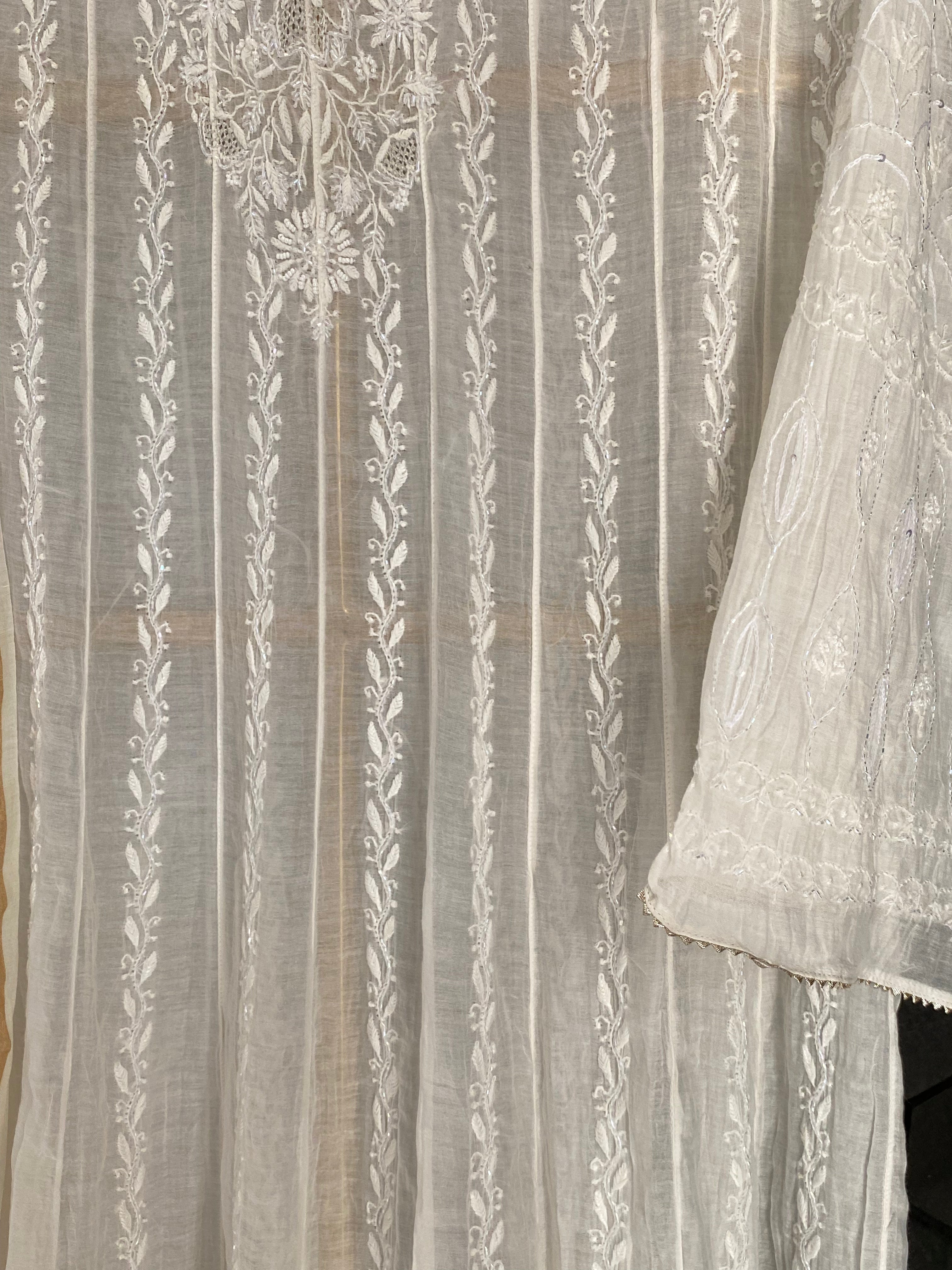 White Mul Chanderi Chikankari Anarkali Set