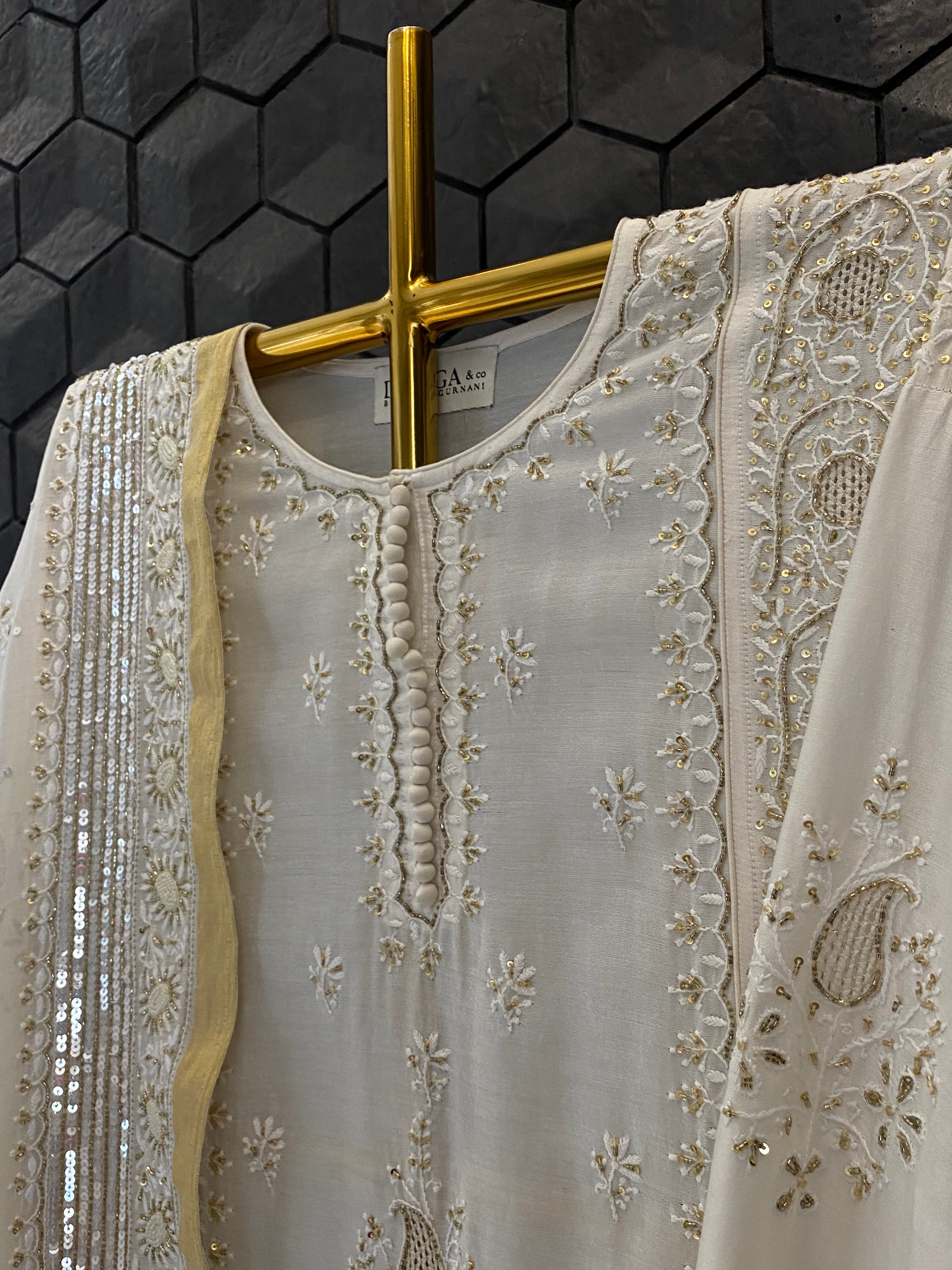 White Chikankari Anarkali Set with heavy sequins dupatta