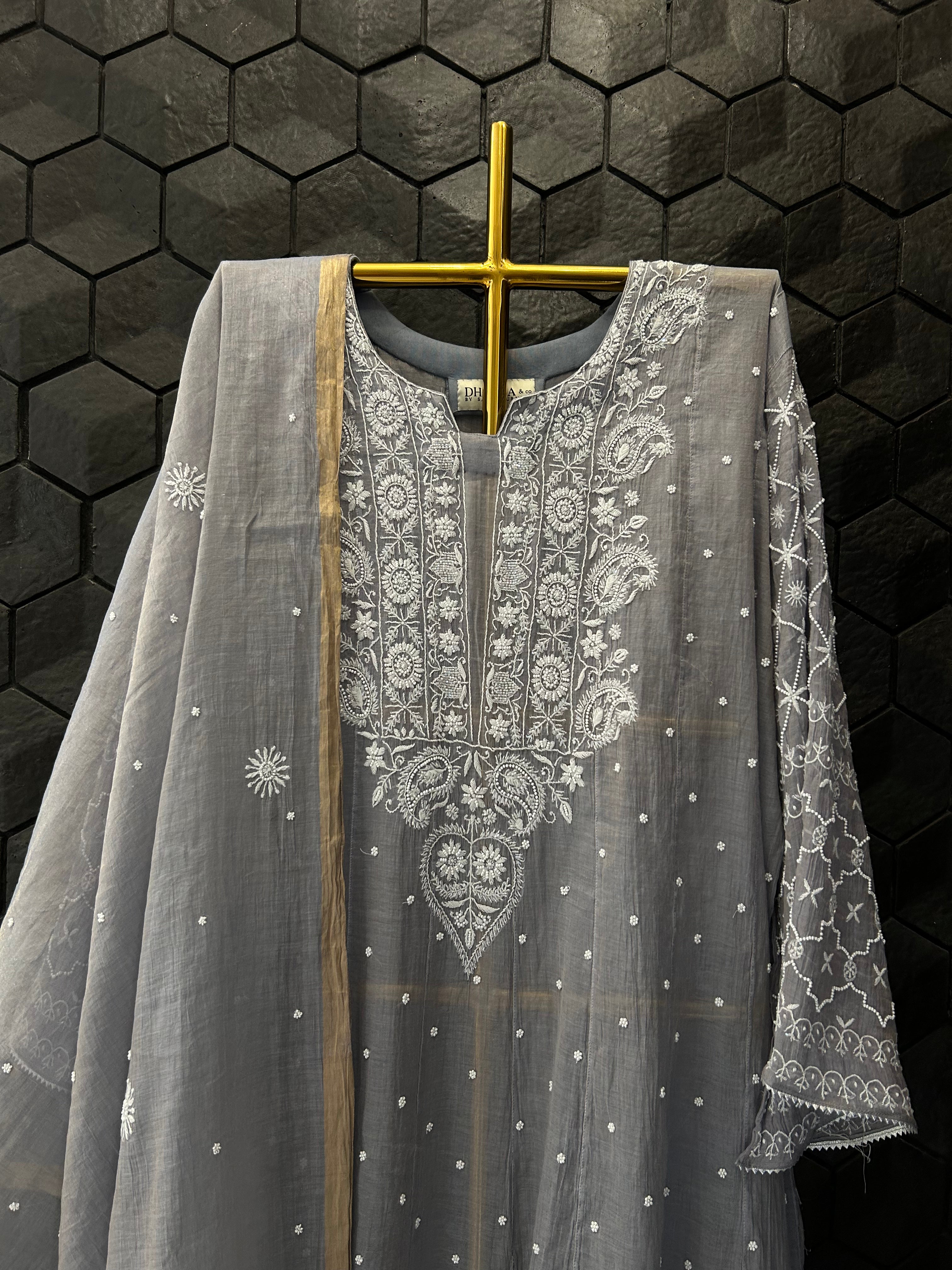 Grey Tissue Chikankari Anarkali Set