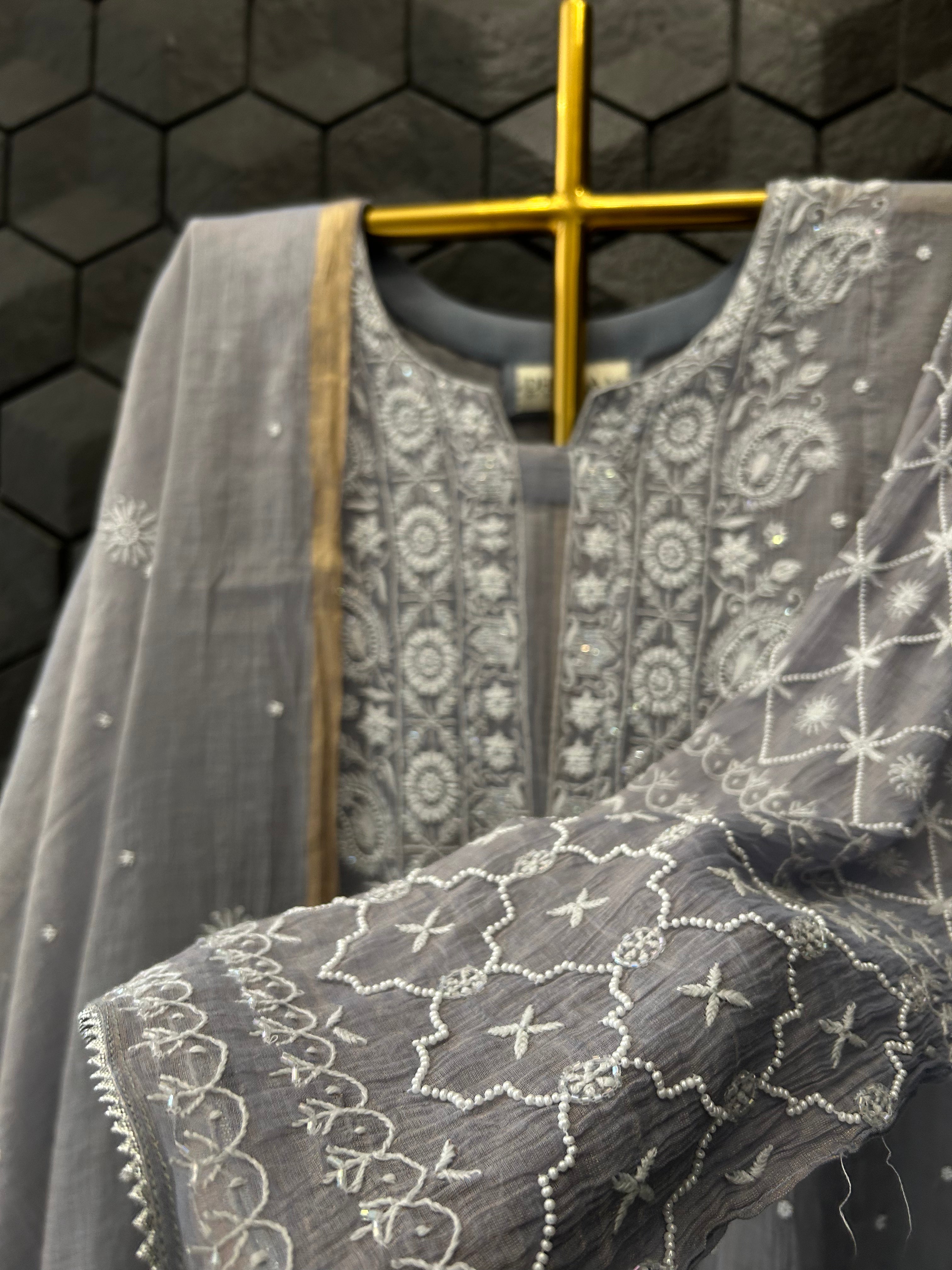 Grey Tissue Chikankari Anarkali Set
