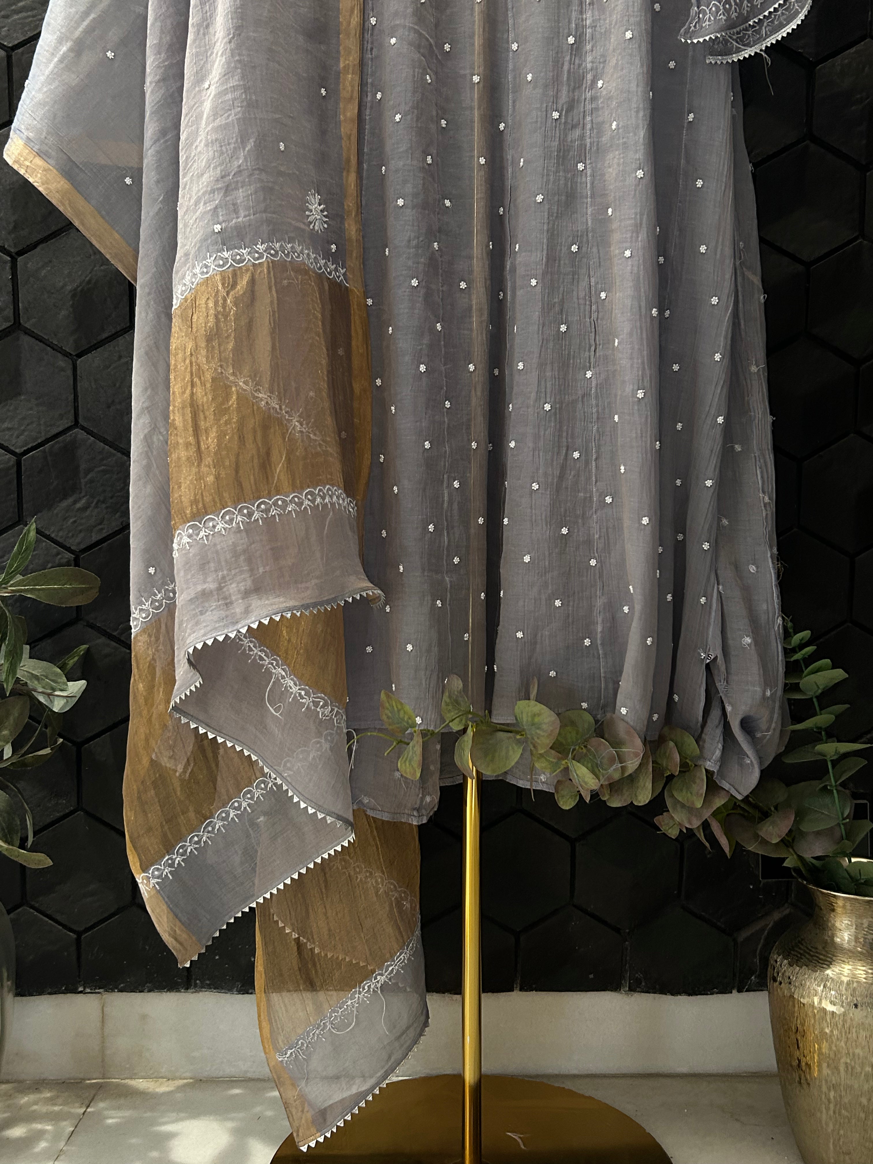 Grey Tissue Chikankari Anarkali Set
