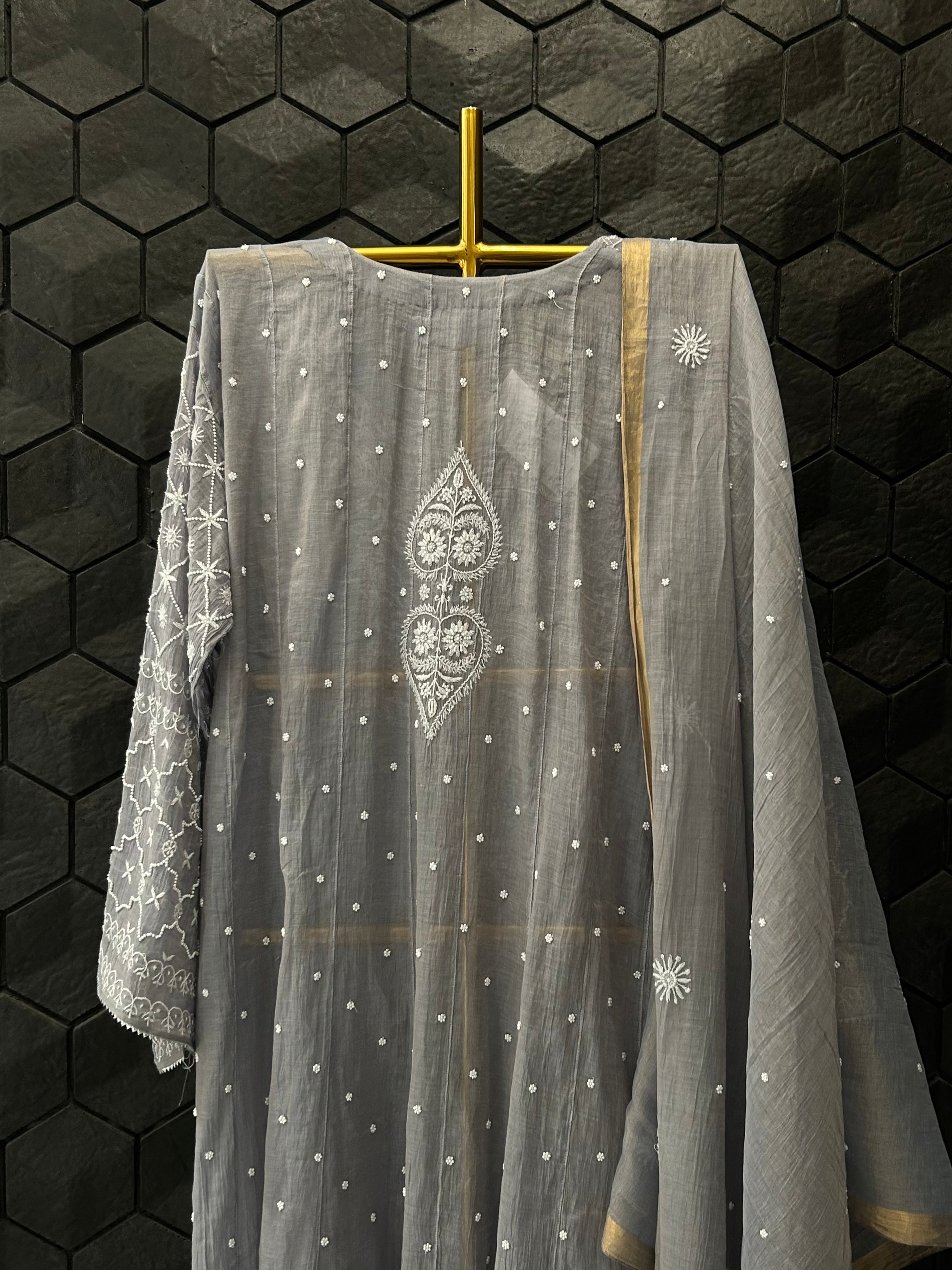 Grey Tissue Chikankari Anarkali Set