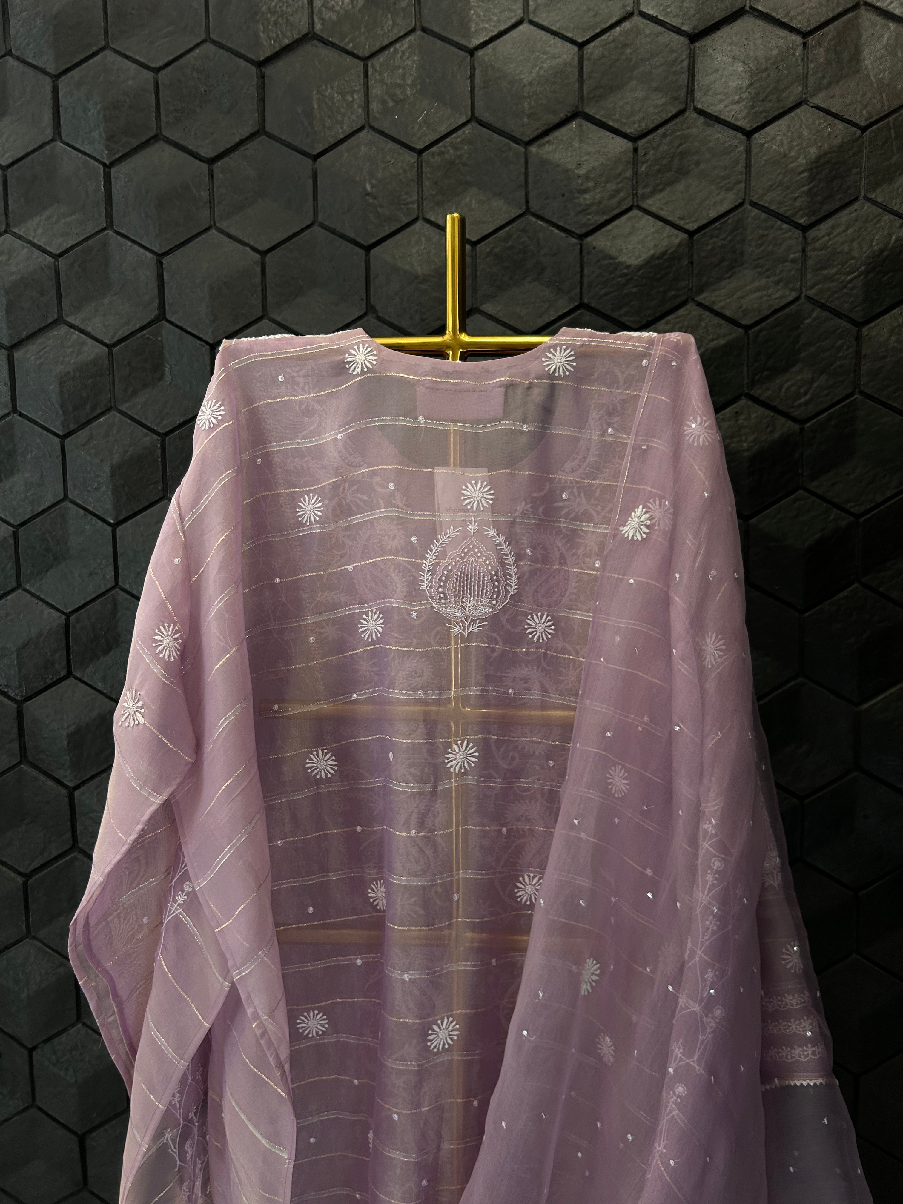 Lavender Organza Chikankari Suit Set