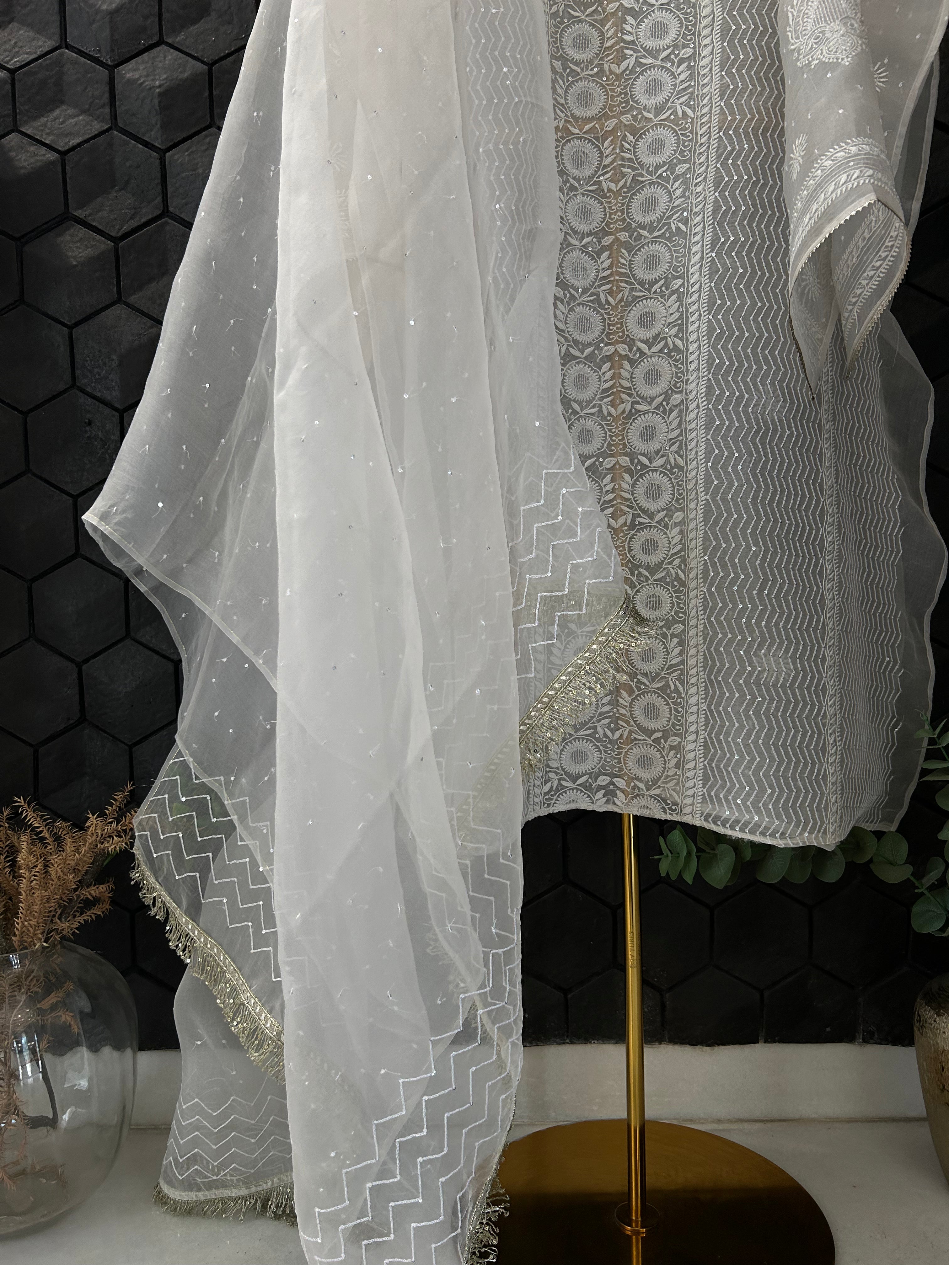 White Organza Chikankari suit Set