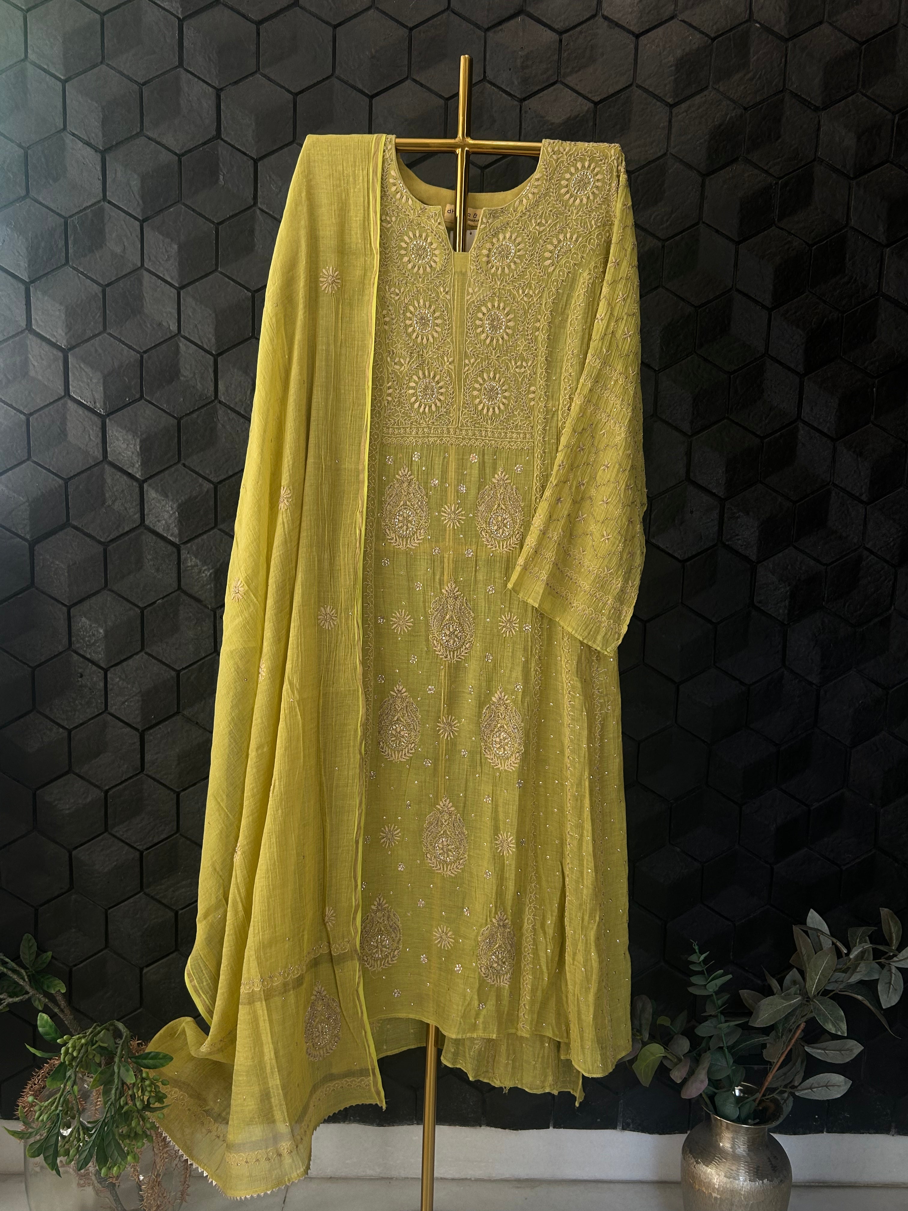 Lime Green Tissue Chikankari And Zari Kurta Set