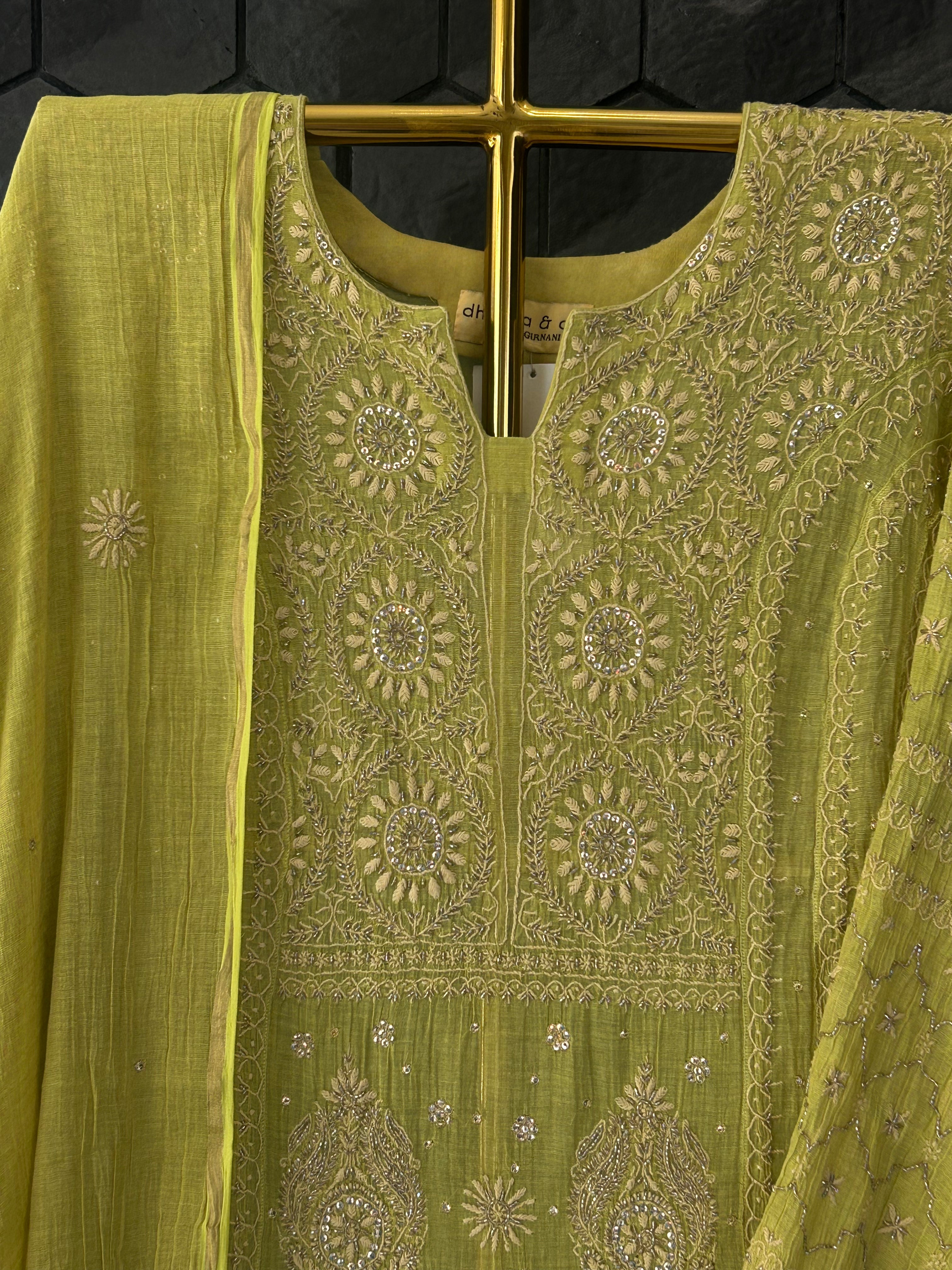 Lime Green Tissue Chikankari And Zari Kurta Set