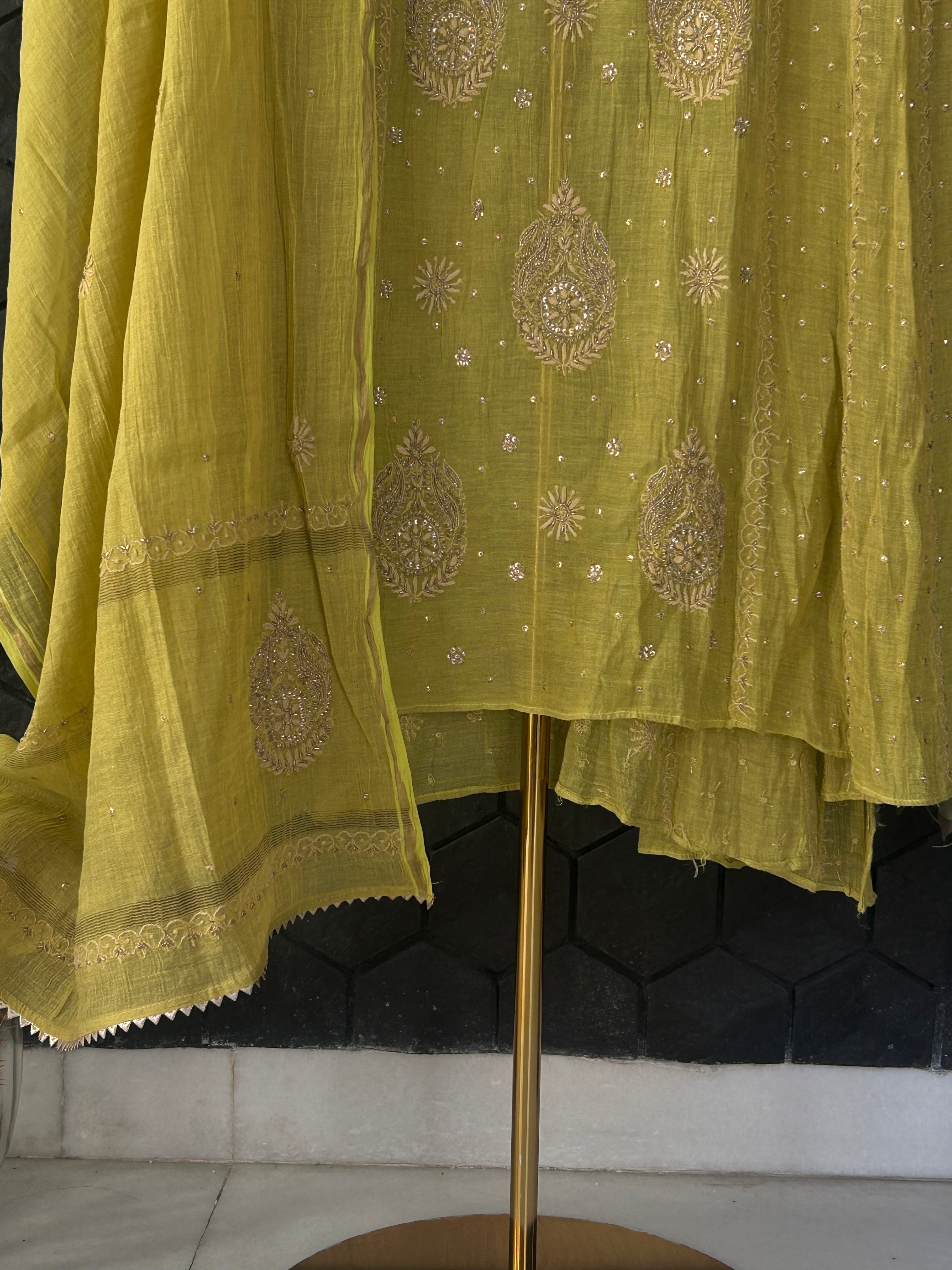 Lime Green Tissue Chikankari And Zari Kurta Set
