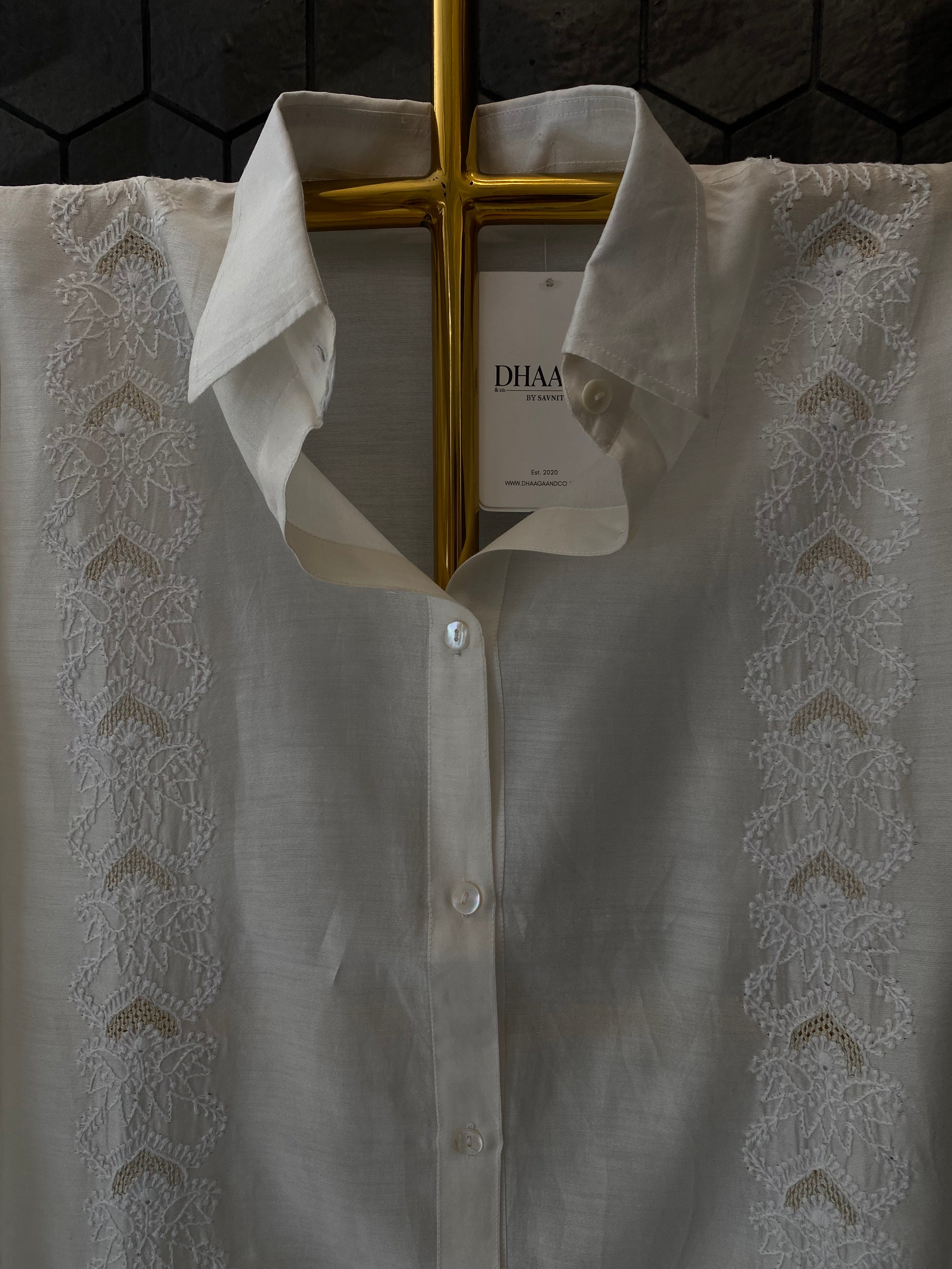 White Chanderi Chikankari Shirt