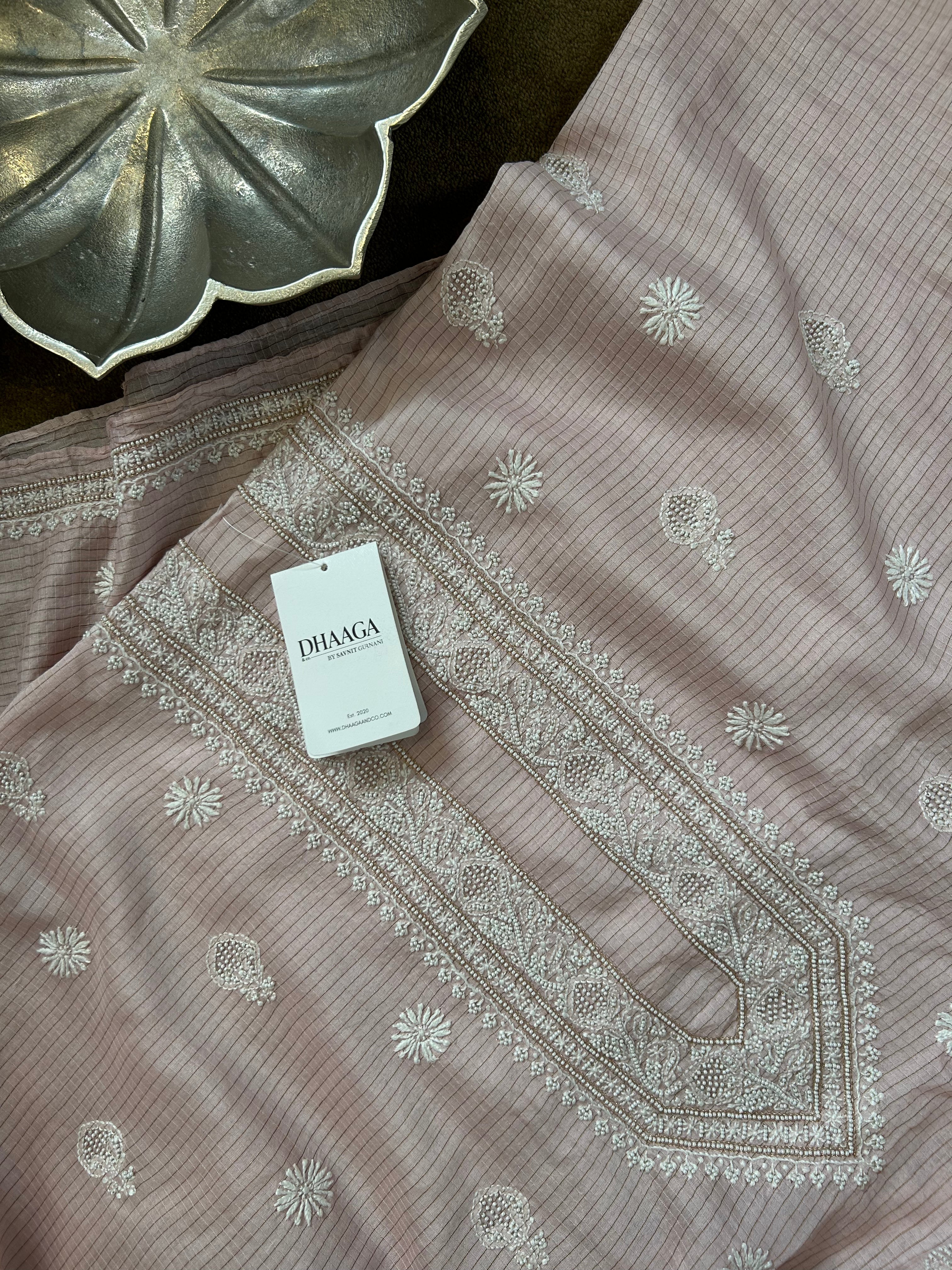 Pink Mul Chanderi Chikankari Mens Kurta