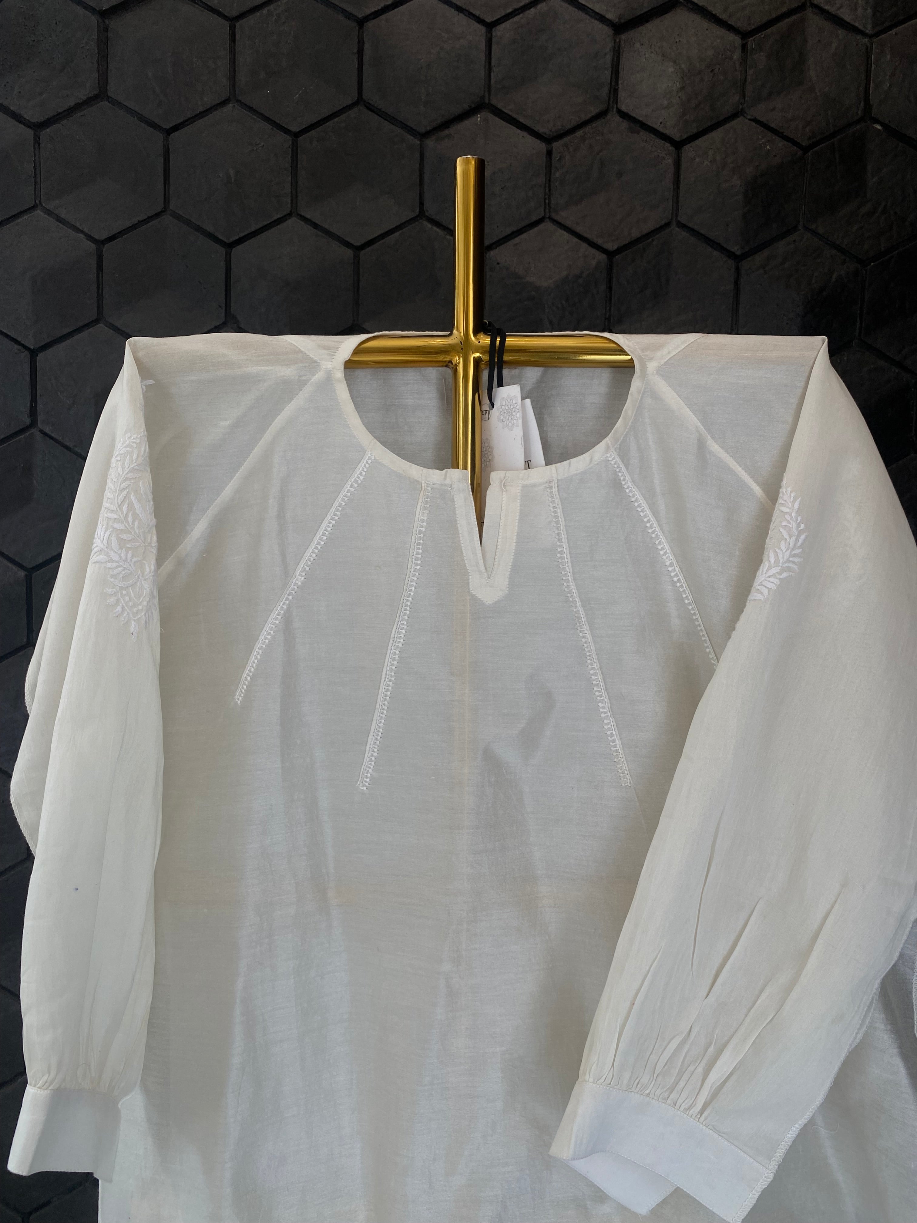 White Chanderi Chikankari Short Shirt