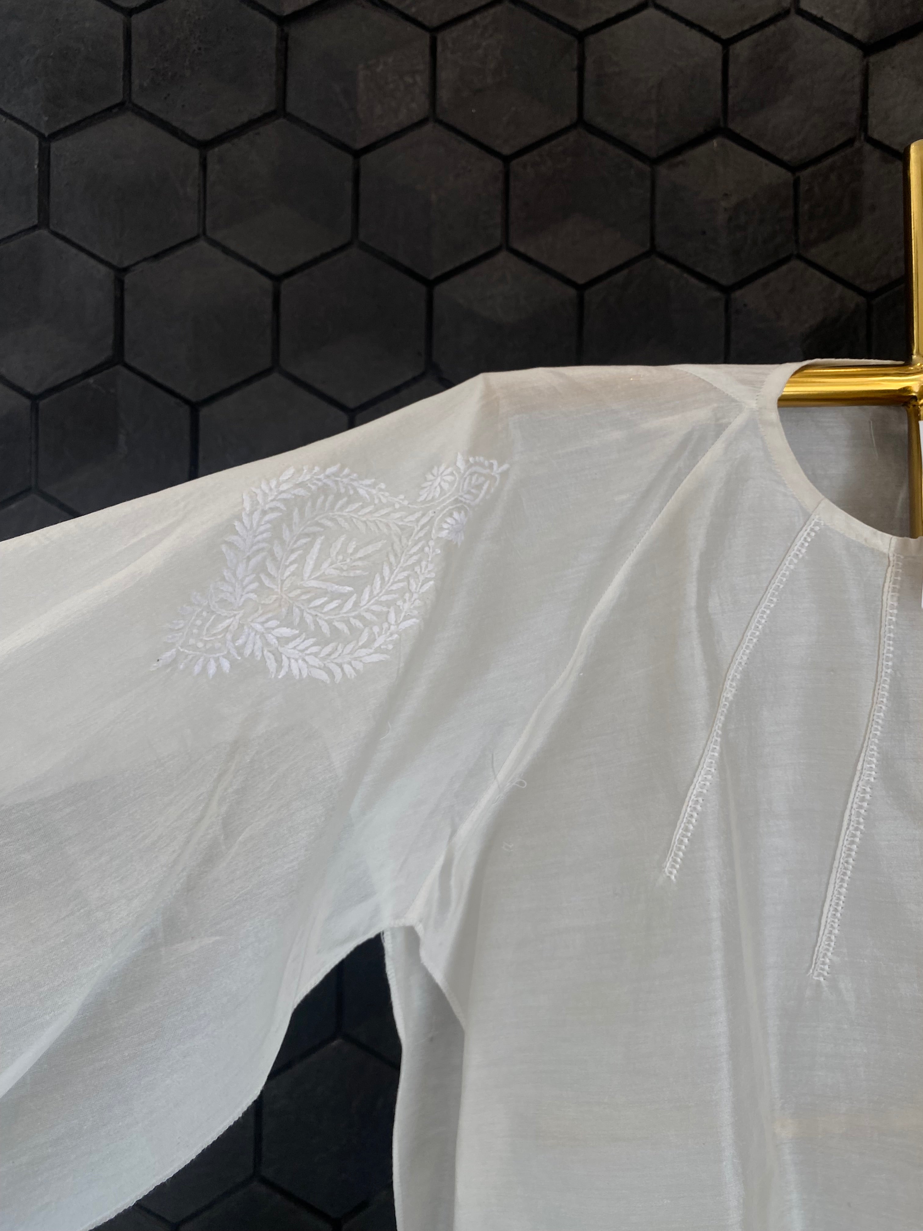 White Chanderi Chikankari Short Shirt