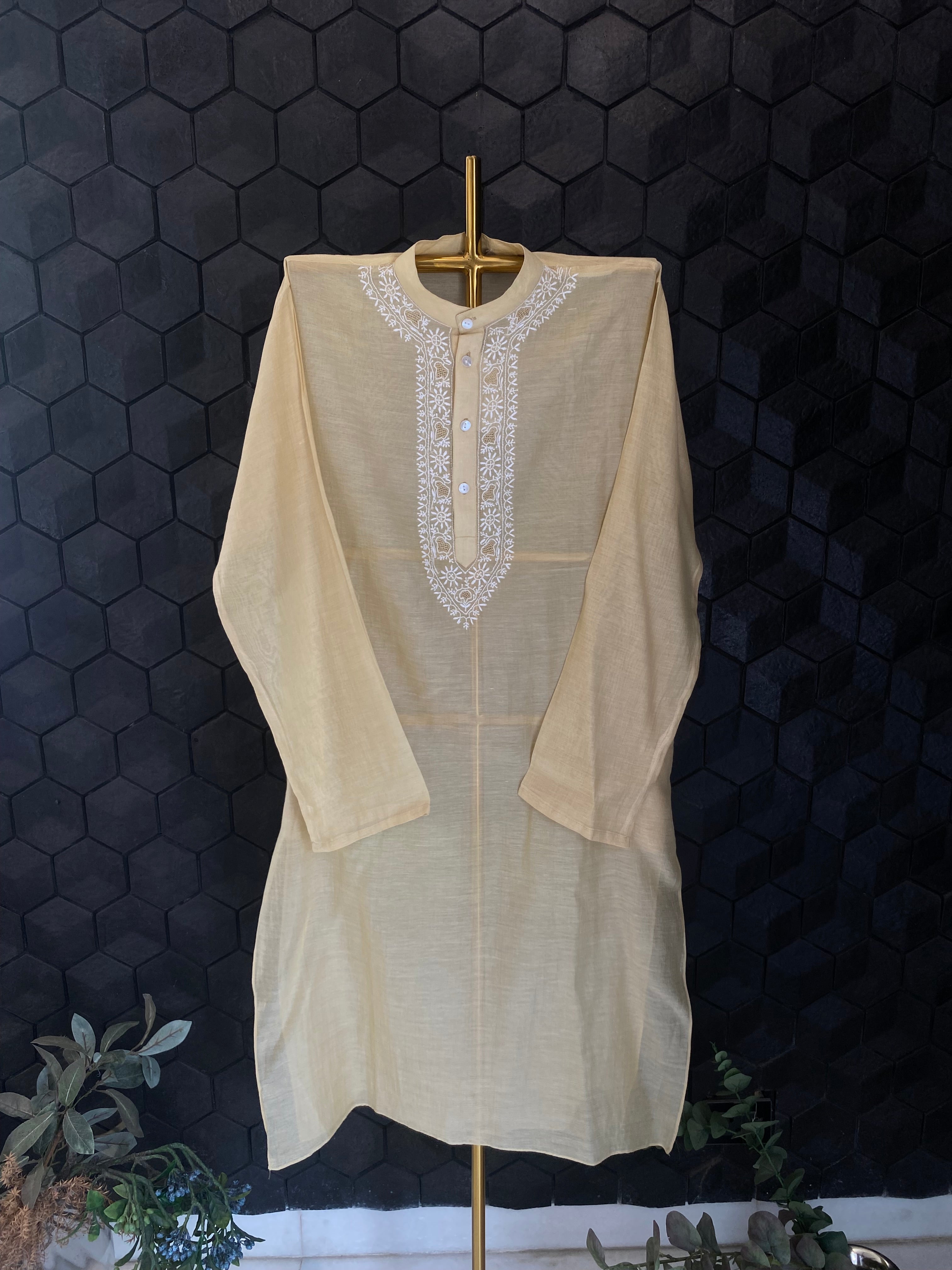 Gold Chanderi stripped handloom Chikankari kurta