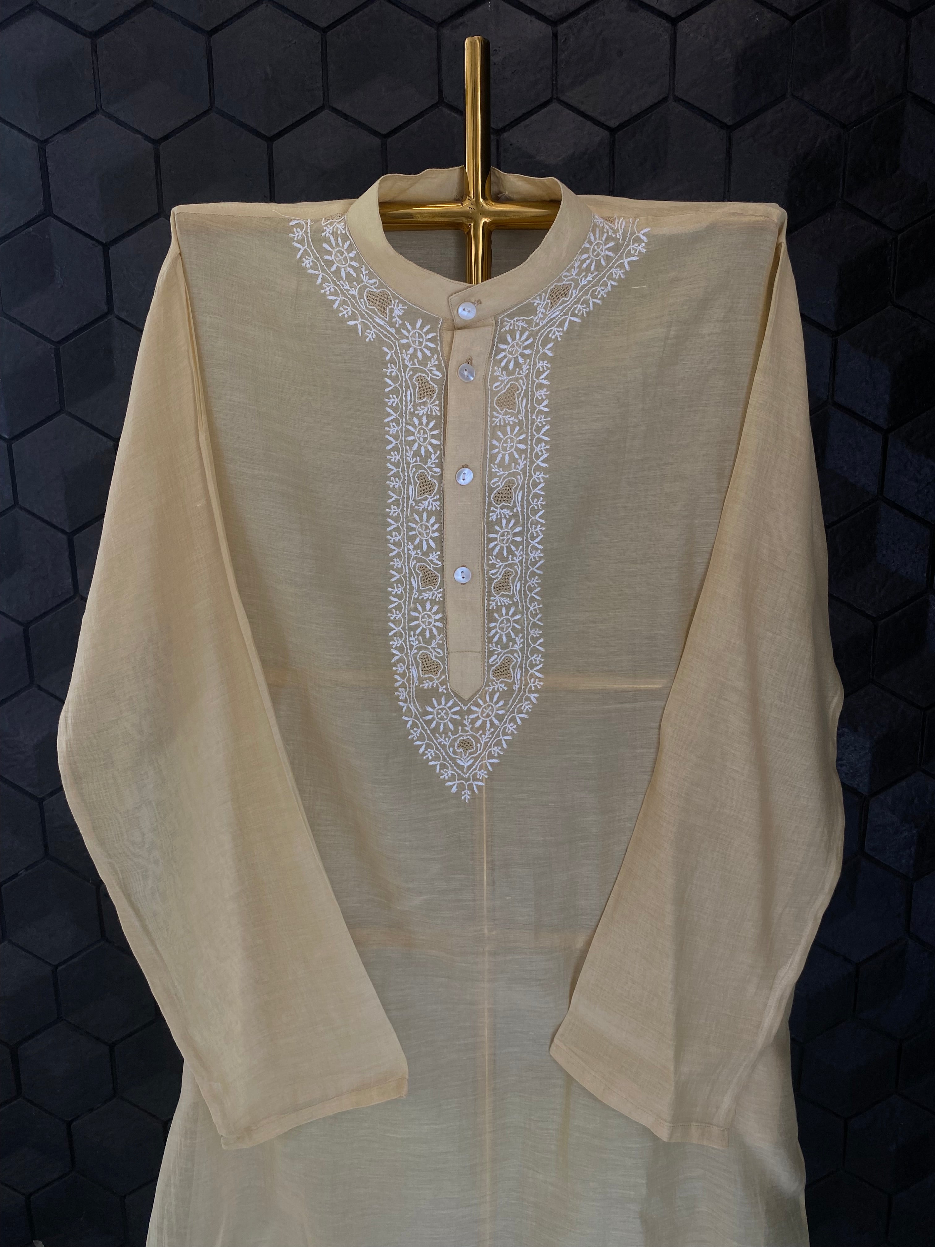 Gold Chanderi stripped handloom Chikankari kurta