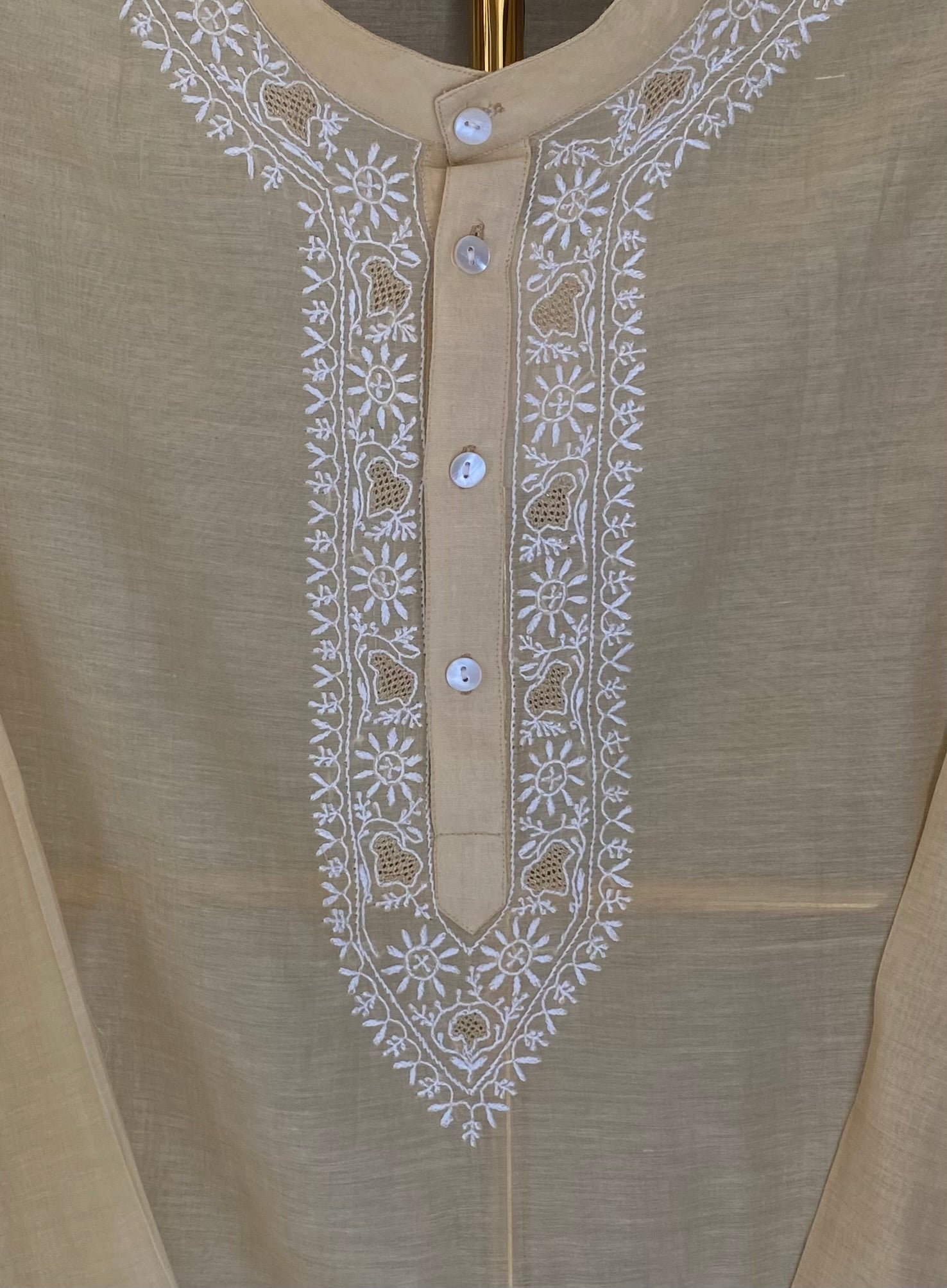 Gold Chanderi stripped handloom Chikankari kurta