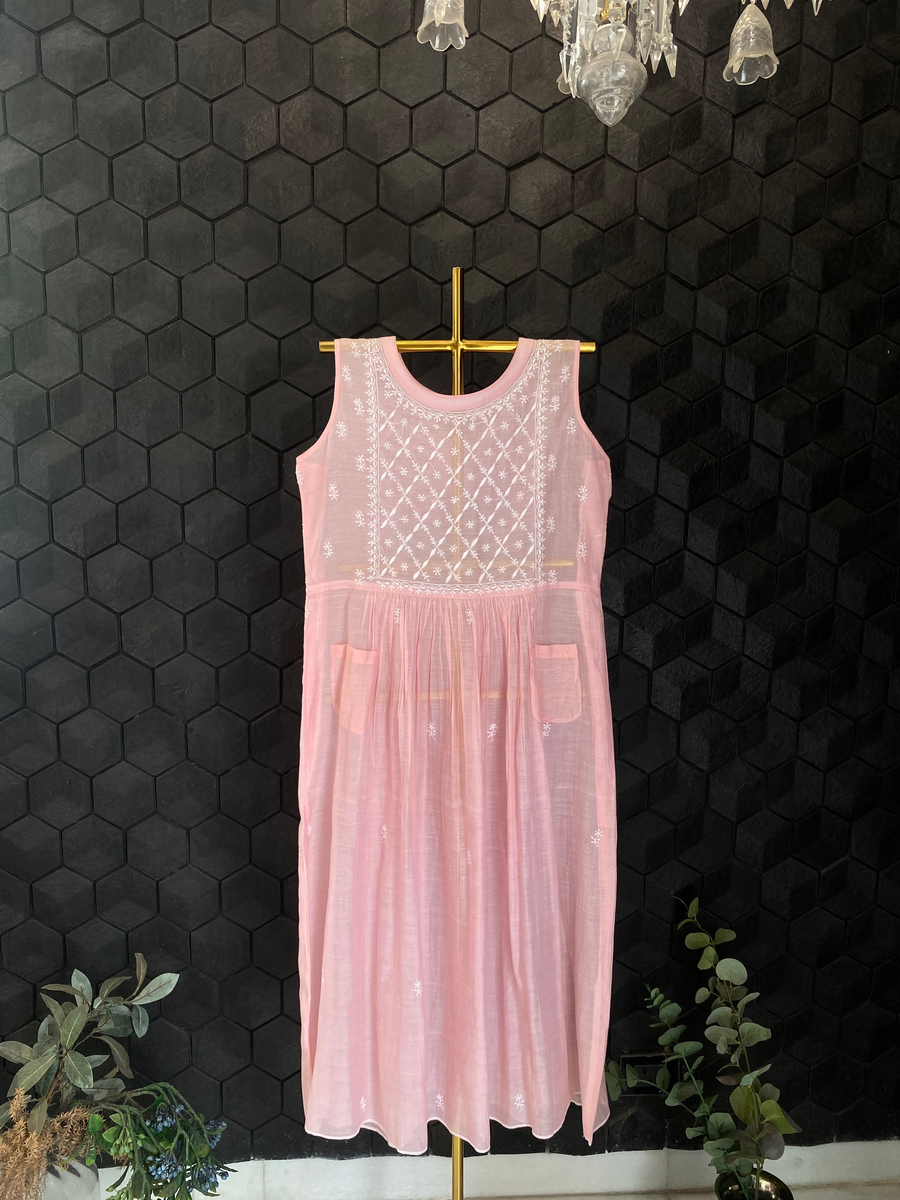 Pink Soft Chanderi Sleeveless Dress