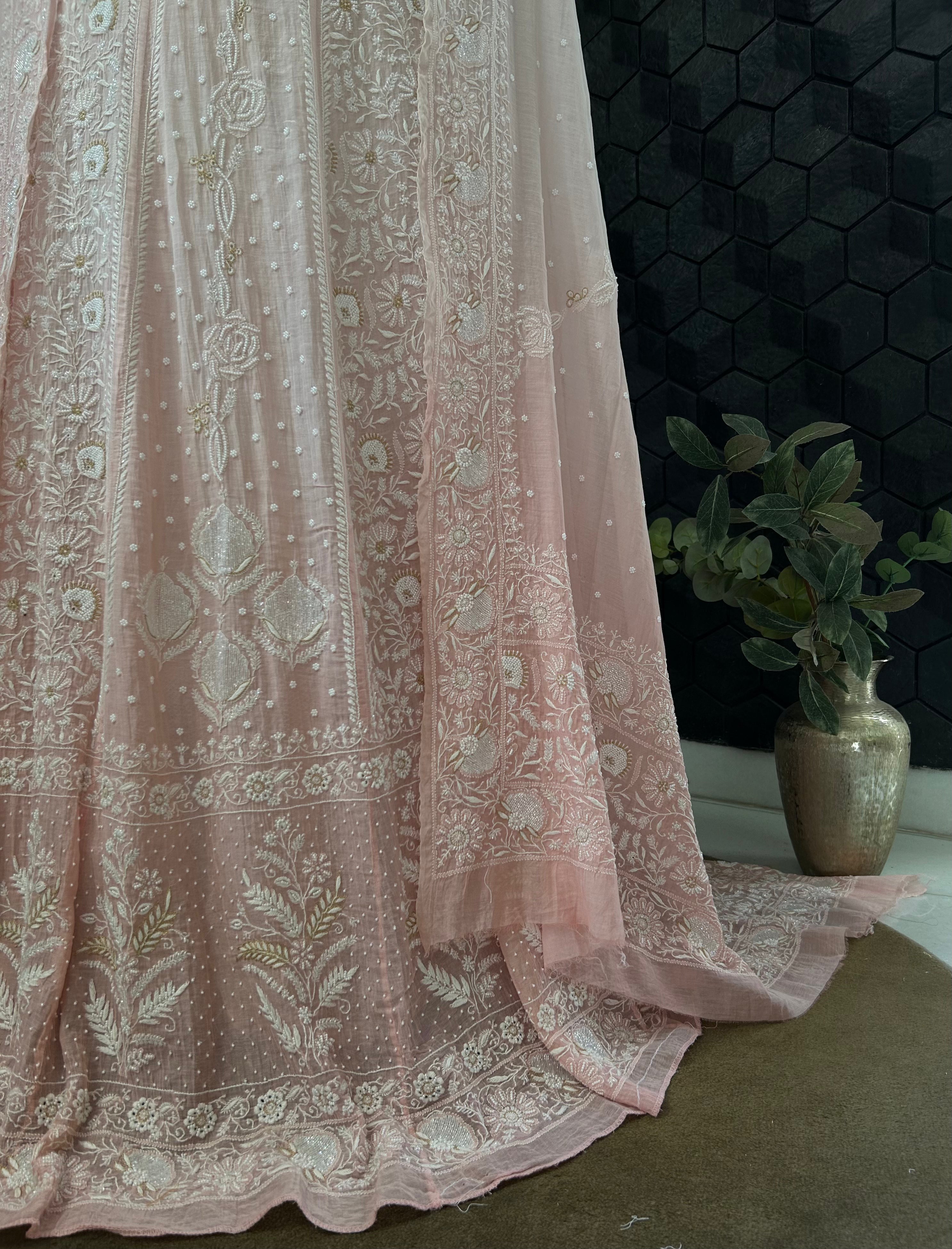Pink Mul Chanderi Chikankari Lehenga Set