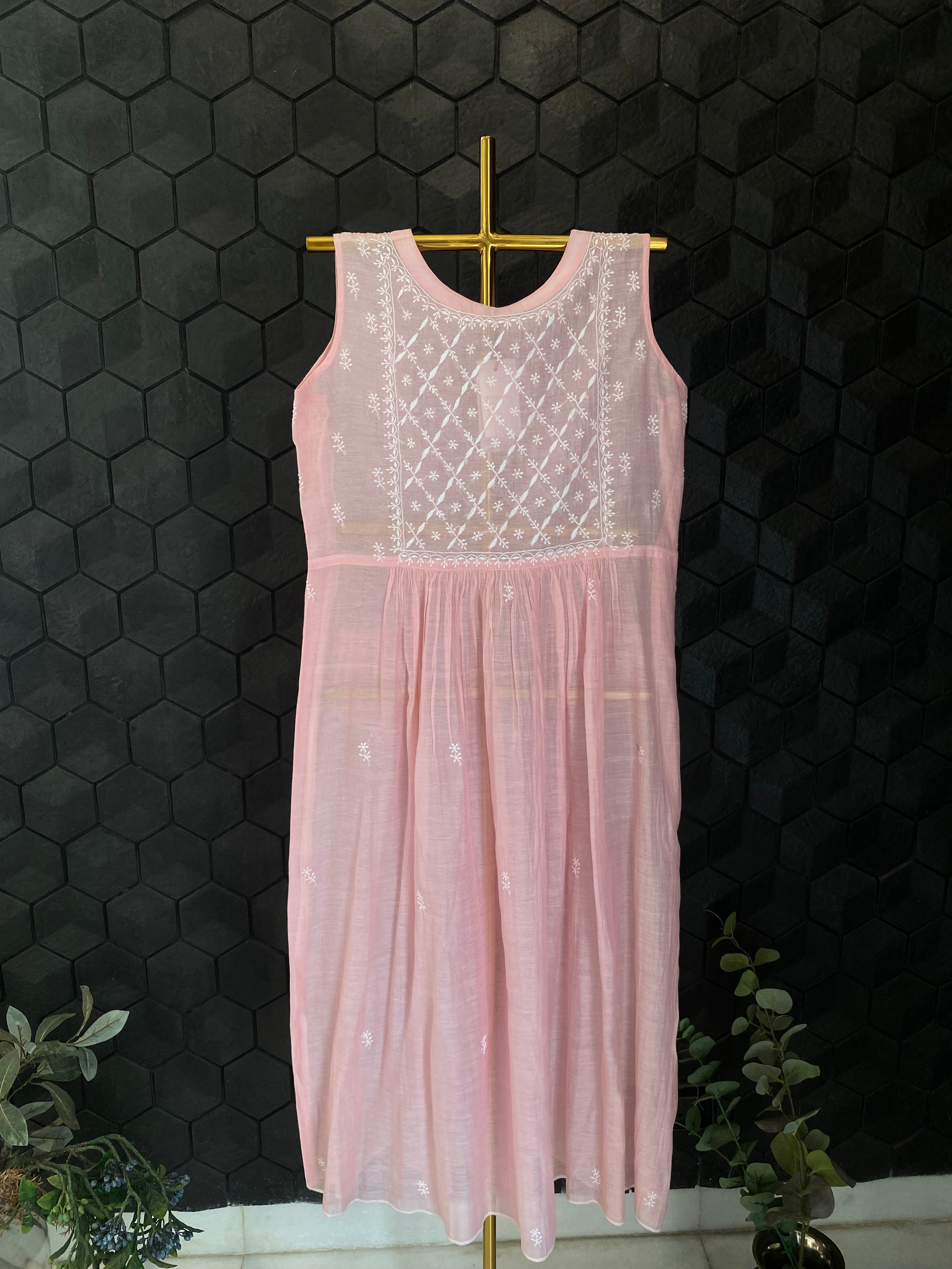 Pink Soft Chanderi Sleeveless Dress